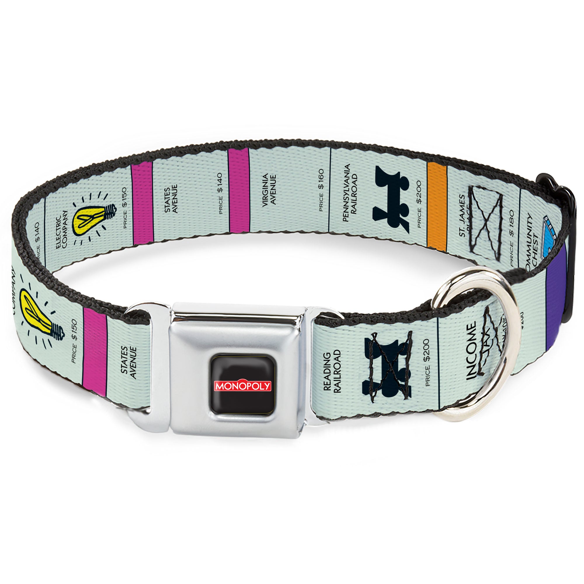 MONOPOLY Logo Full Color Black/Red/White Seatbelt Buckle Collar - Monopoly Game Board Spaces Seatbelt Buckle Collars Monopoly