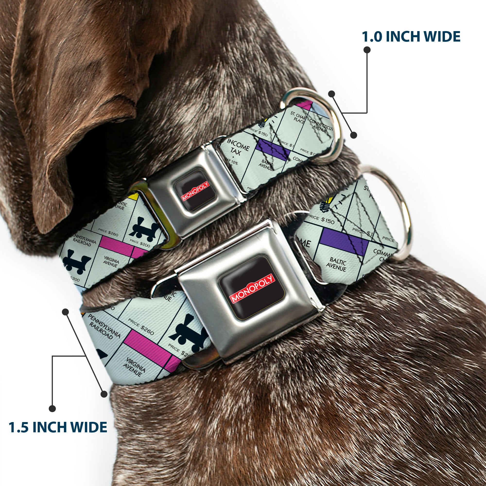 MONOPOLY Logo Full Color Black/Red/White Seatbelt Buckle Collar - Monopoly Game Board Spaces Collage Seatbelt Buckle Collars Monopoly