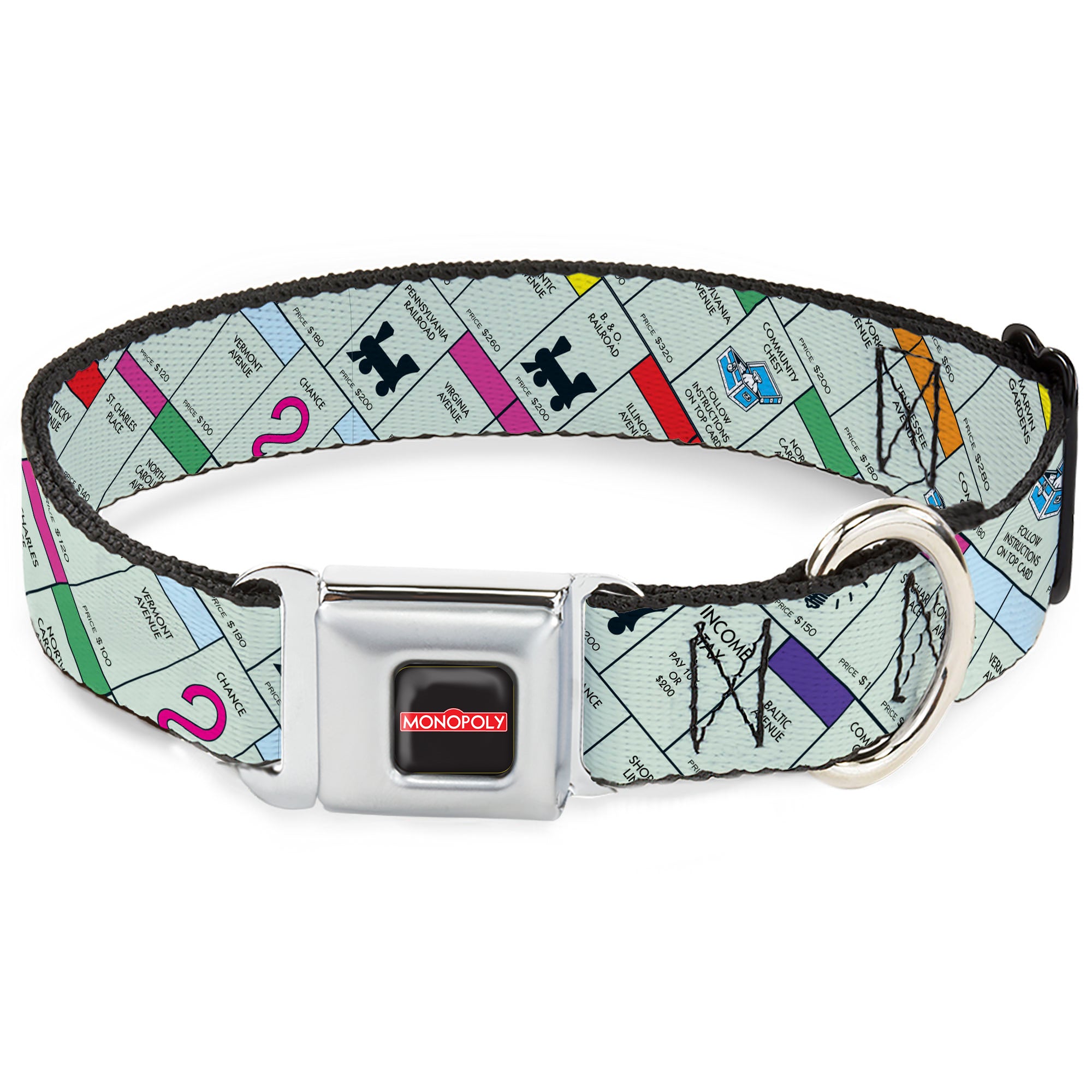 MONOPOLY Logo Full Color Black/Red/White Seatbelt Buckle Collar - Monopoly Game Board Spaces Collage Seatbelt Buckle Collars Monopoly