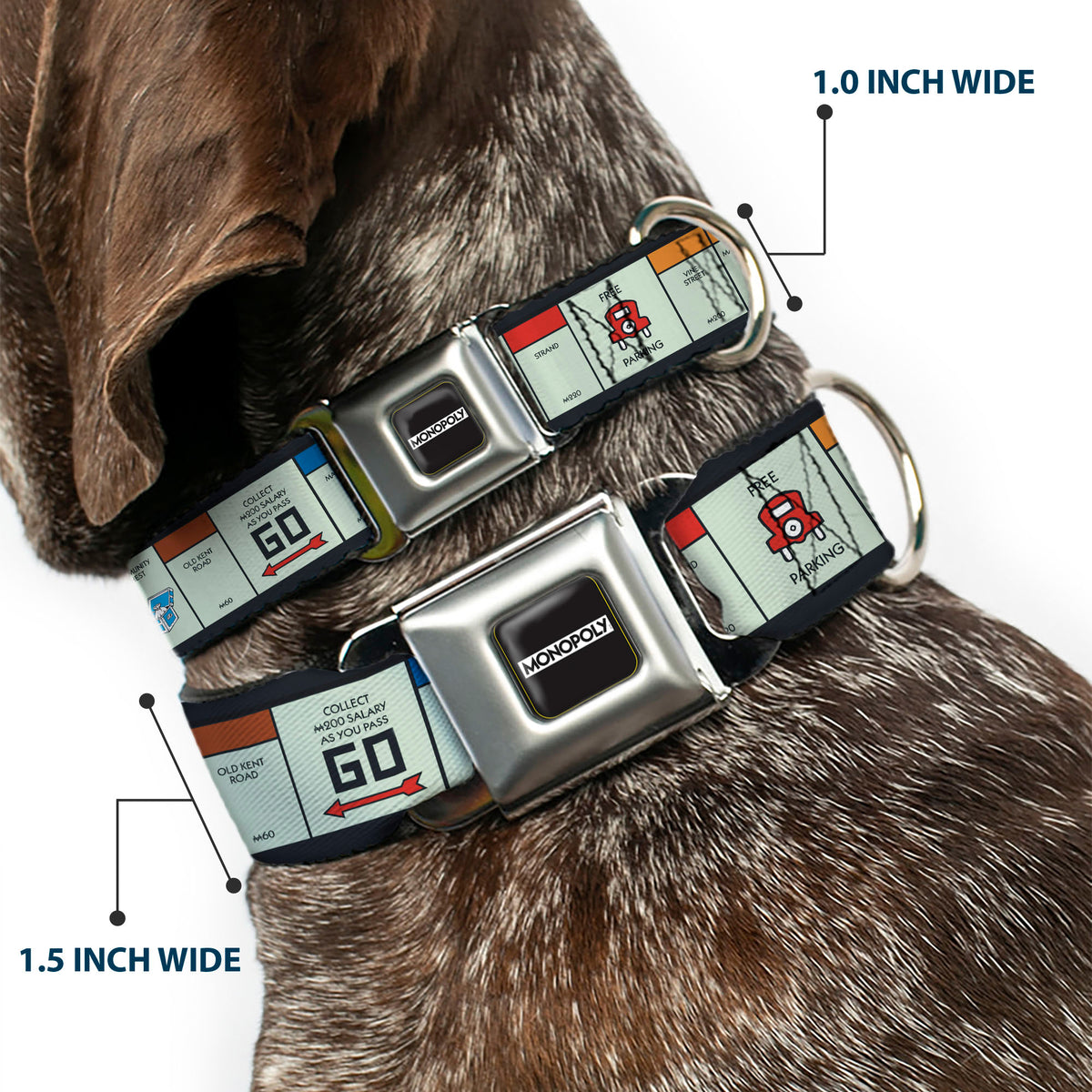 MONOPOLY Logo Full Color Black/White Seatbelt Buckle Collar - Monopoly British UK Game Board Space Blocks Seatbelt Buckle Collars Hasbro