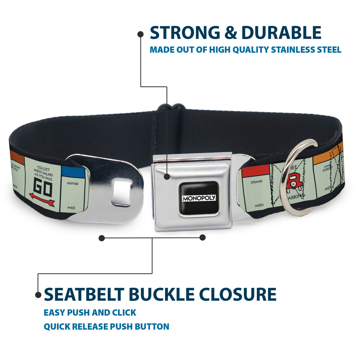 MONOPOLY Logo Full Color Black/White Seatbelt Buckle Collar - Monopoly British UK Game Board Space Blocks Seatbelt Buckle Collars Hasbro