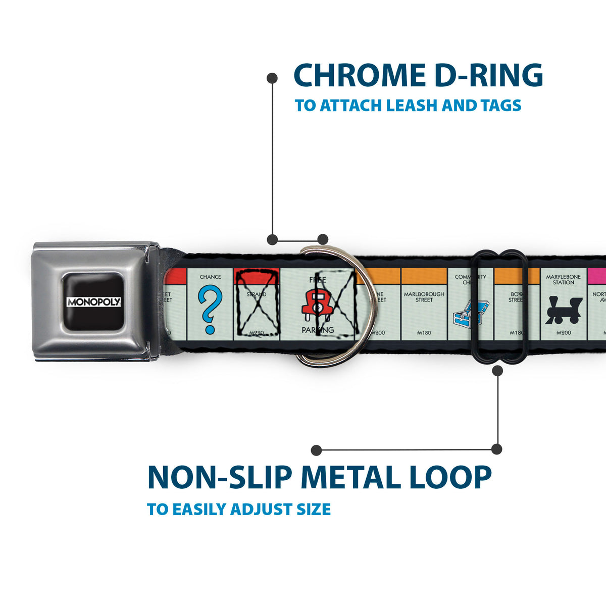 MONOPOLY Logo Full Color Black/White Seatbelt Buckle Collar - Monopoly British UK Game Board Space Blocks Seatbelt Buckle Collars Hasbro