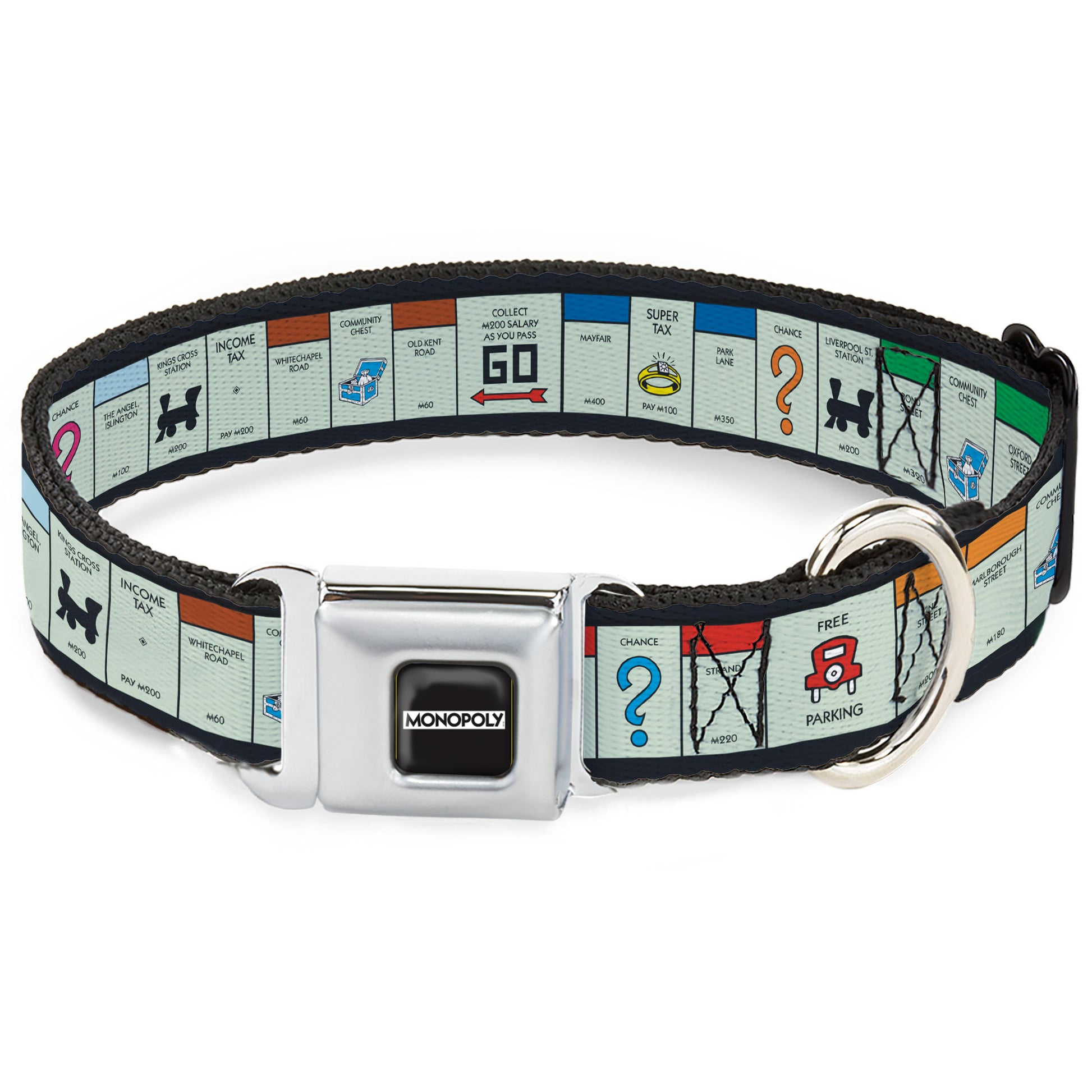 MONOPOLY Logo Full Color Black/White Seatbelt Buckle Collar - Monopoly British UK Game Board Space Blocks Seatbelt Buckle Collars Hasbro