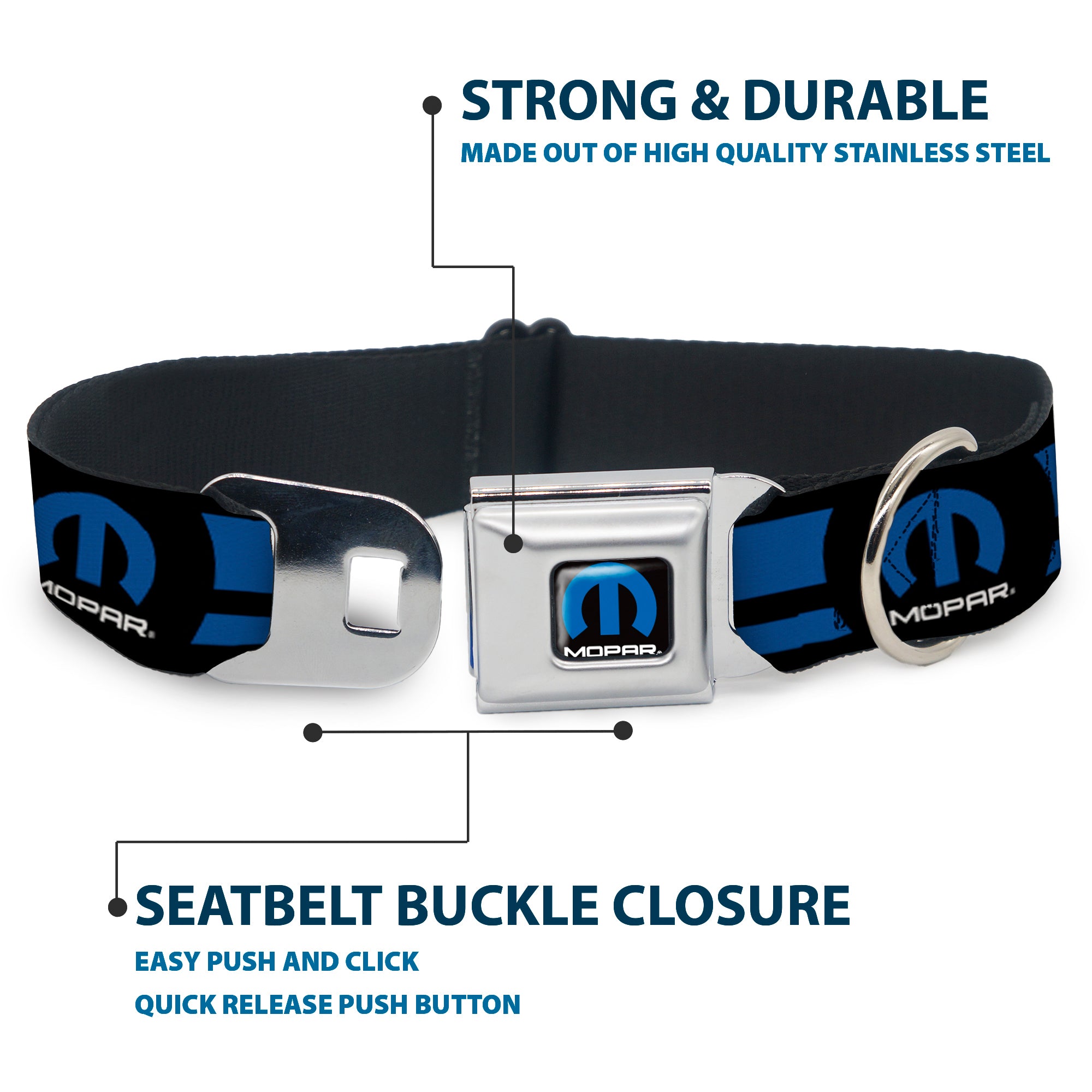 MOPAR Logo Full Color Black Blue White Seatbelt Buckle Collar - MOPAR Logo/Stripe Black/Blue Seatbelt Buckle Collars Mopar