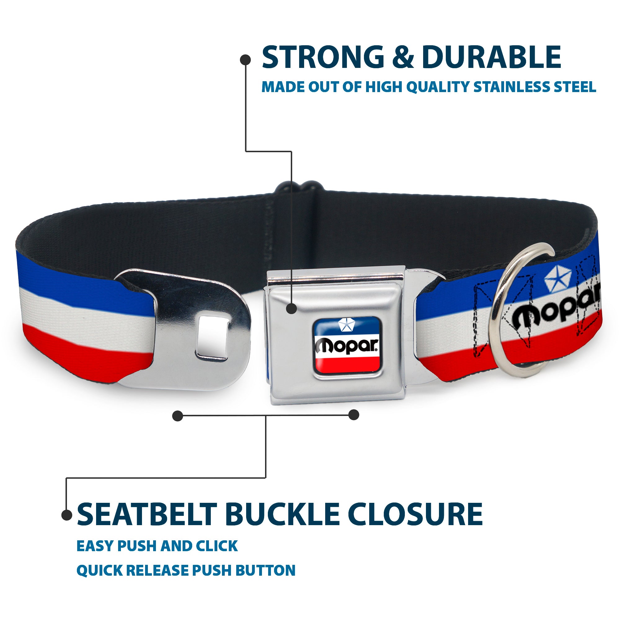 MOPAR Chrysler Logo Full Color White/Blue/Red/Black Seatbelt Buckle Collar - MOPAR Logo/Stripe Blue/White/Red Seatbelt Buckle Collars Mopar