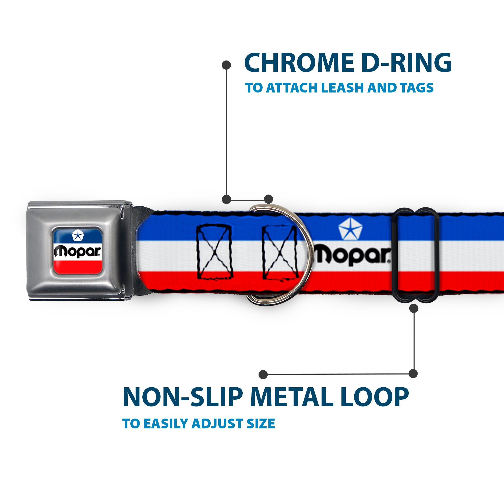 MOPAR Chrysler Logo Full Color White/Blue/Red/Black Seatbelt Buckle Collar - MOPAR Logo/Stripe Blue/White/Red Seatbelt Buckle Collars Mopar
