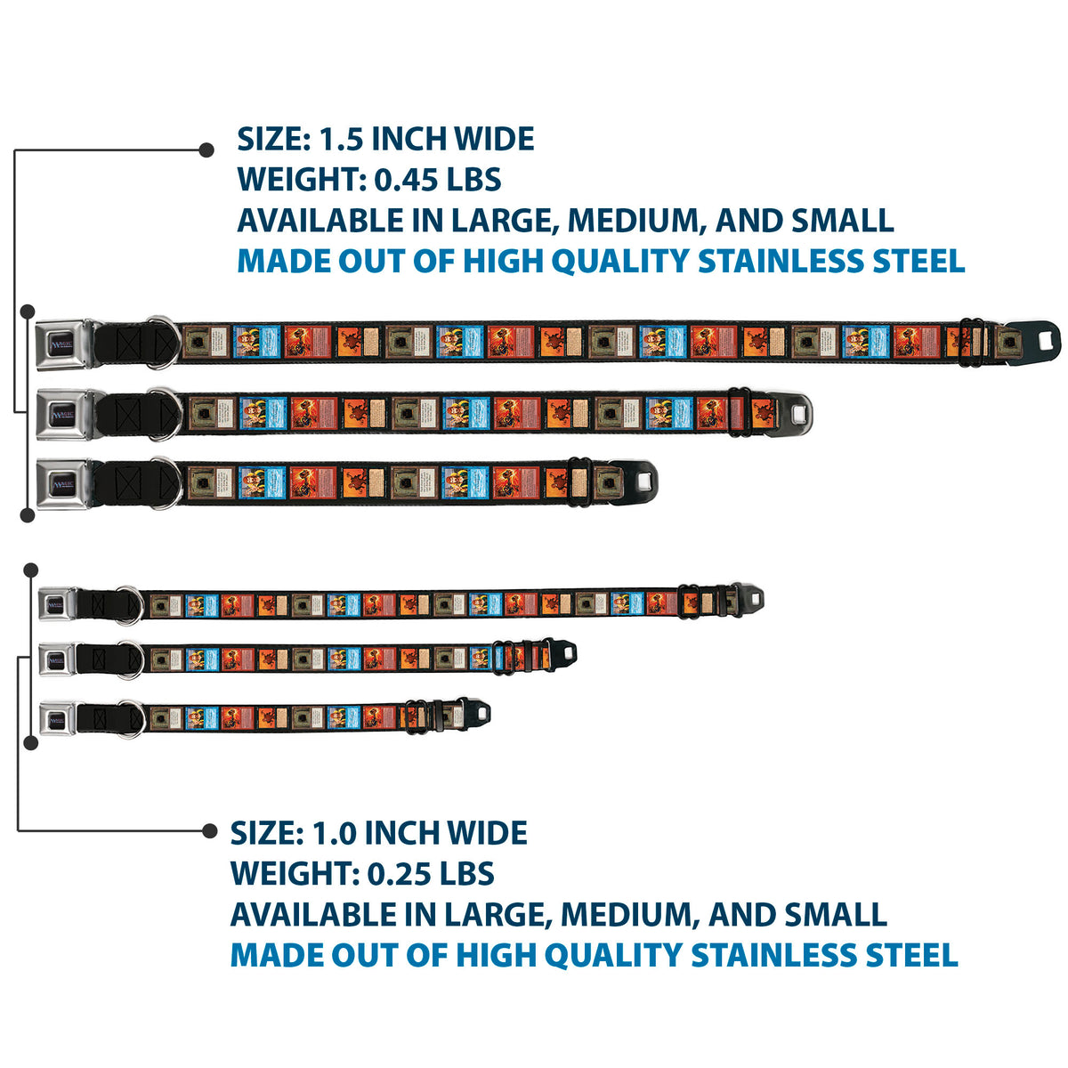 MAGIC THE GATHERING Title Logo Full Color Black Seatbelt Buckle Collar - Magic the Gathering Four Retro Card Blocks Dog Collars Seatbelt Buckle Magic the Gathering