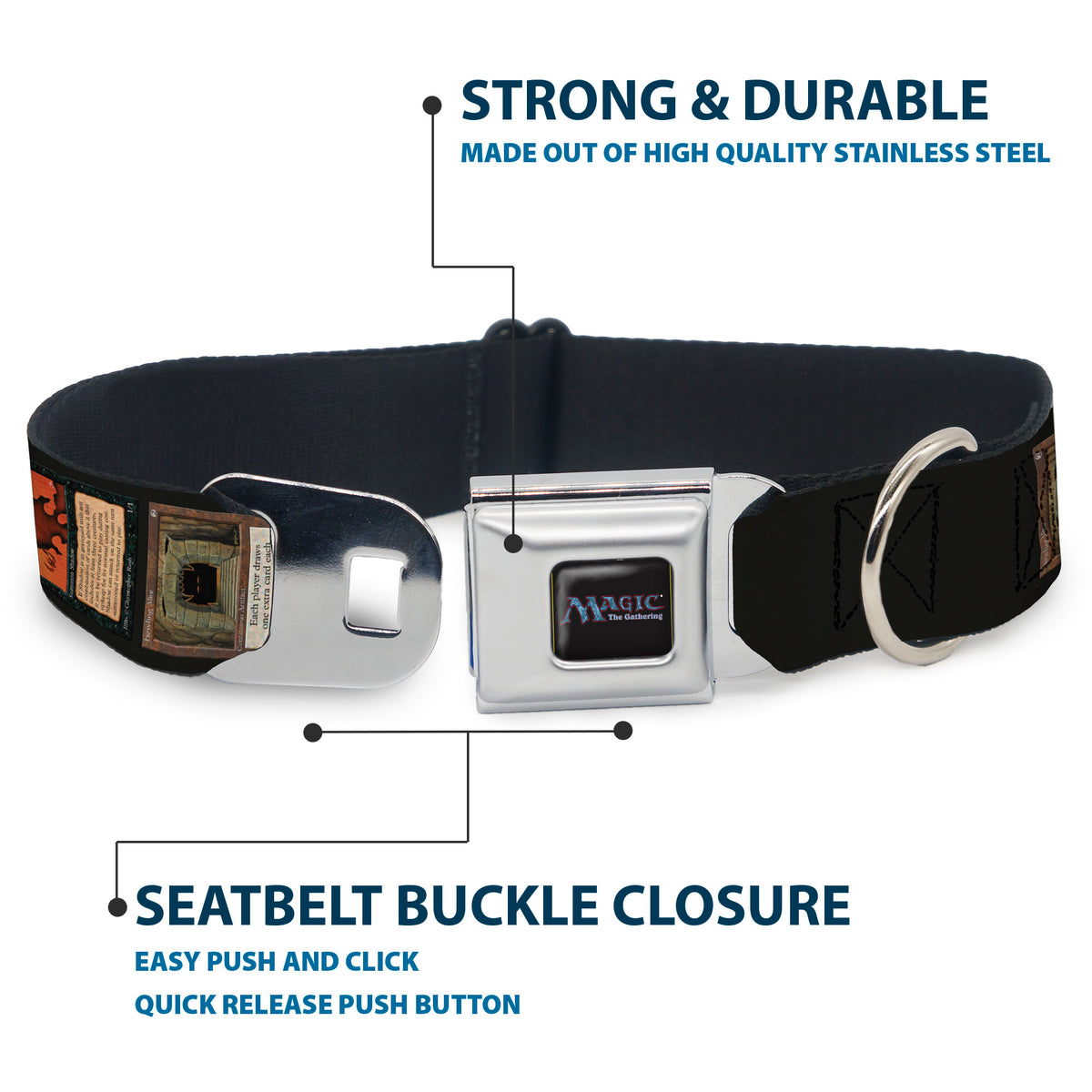 MAGIC THE GATHERING Title Logo Full Color Black Seatbelt Buckle Collar - Magic the Gathering Four Retro Card Blocks Dog Collars Seatbelt Buckle Magic the Gathering