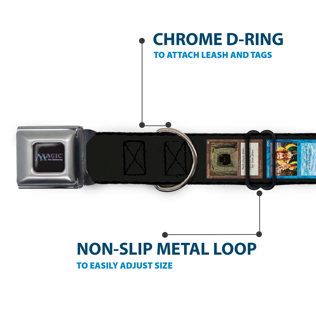 MAGIC THE GATHERING Title Logo Full Color Black Seatbelt Buckle Collar - Magic the Gathering Four Retro Card Blocks Dog Collars Seatbelt Buckle Magic the Gathering