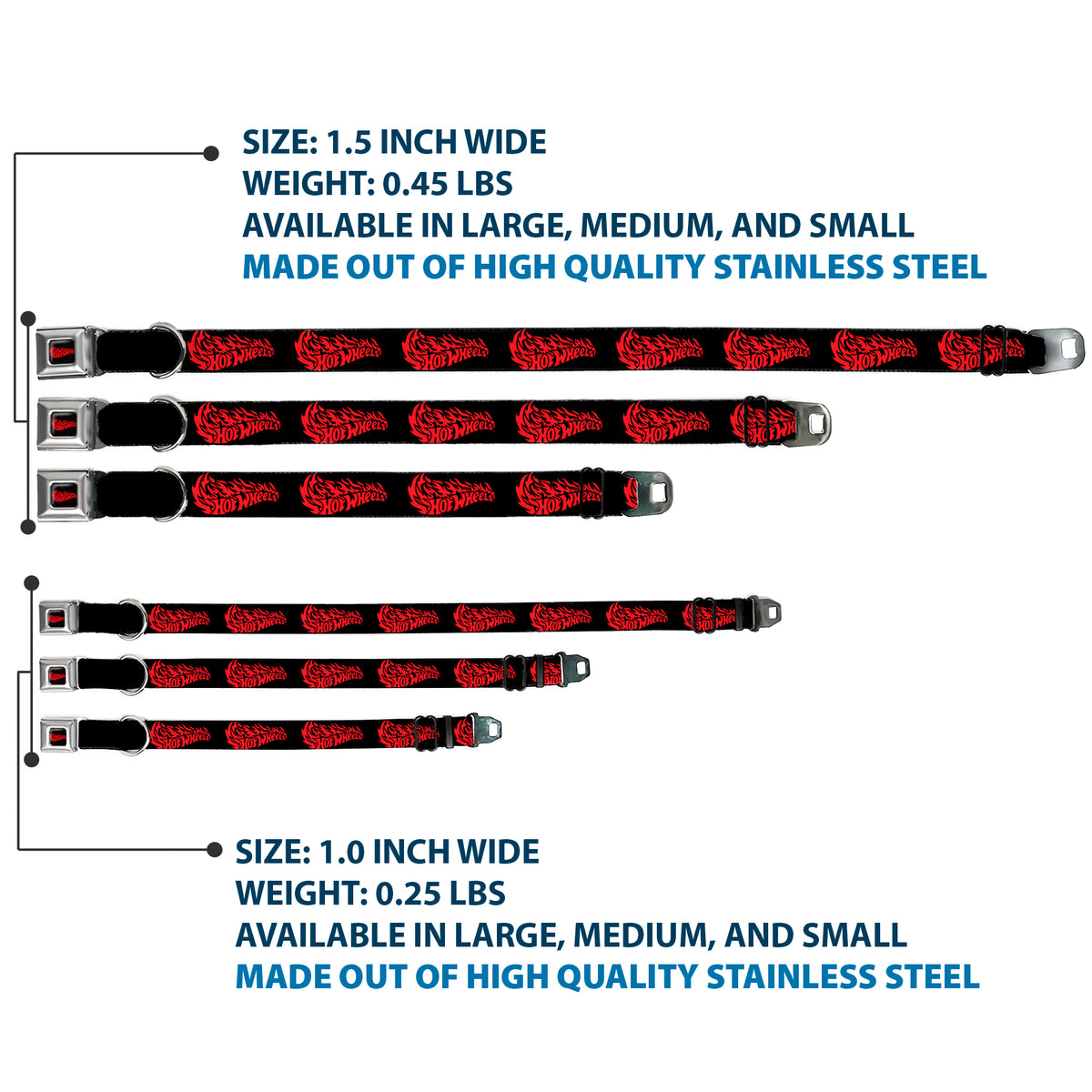 HOT WHEELS Flaming Logo Full Color Black/Red Seatbelt Buckle Collar - HOT WHEELS Flaming Logo Black/Red Dog Collars Seatbelt Buckle Hot Wheels