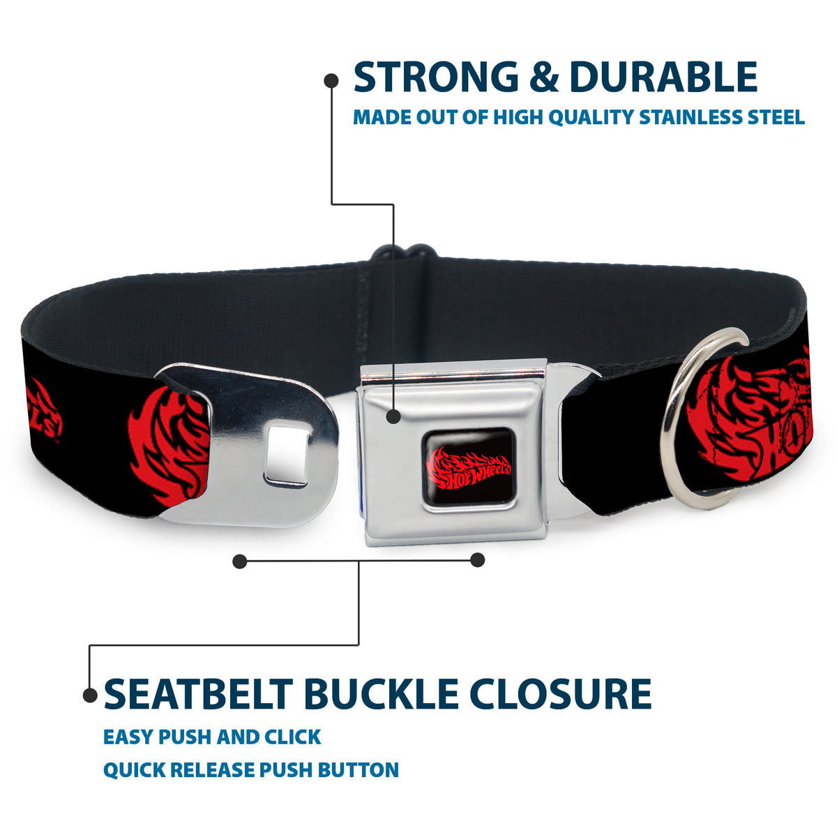 HOT WHEELS Flaming Logo Full Color Black/Red Seatbelt Buckle Collar - HOT WHEELS Flaming Logo Black/Red Dog Collars Seatbelt Buckle Hot Wheels