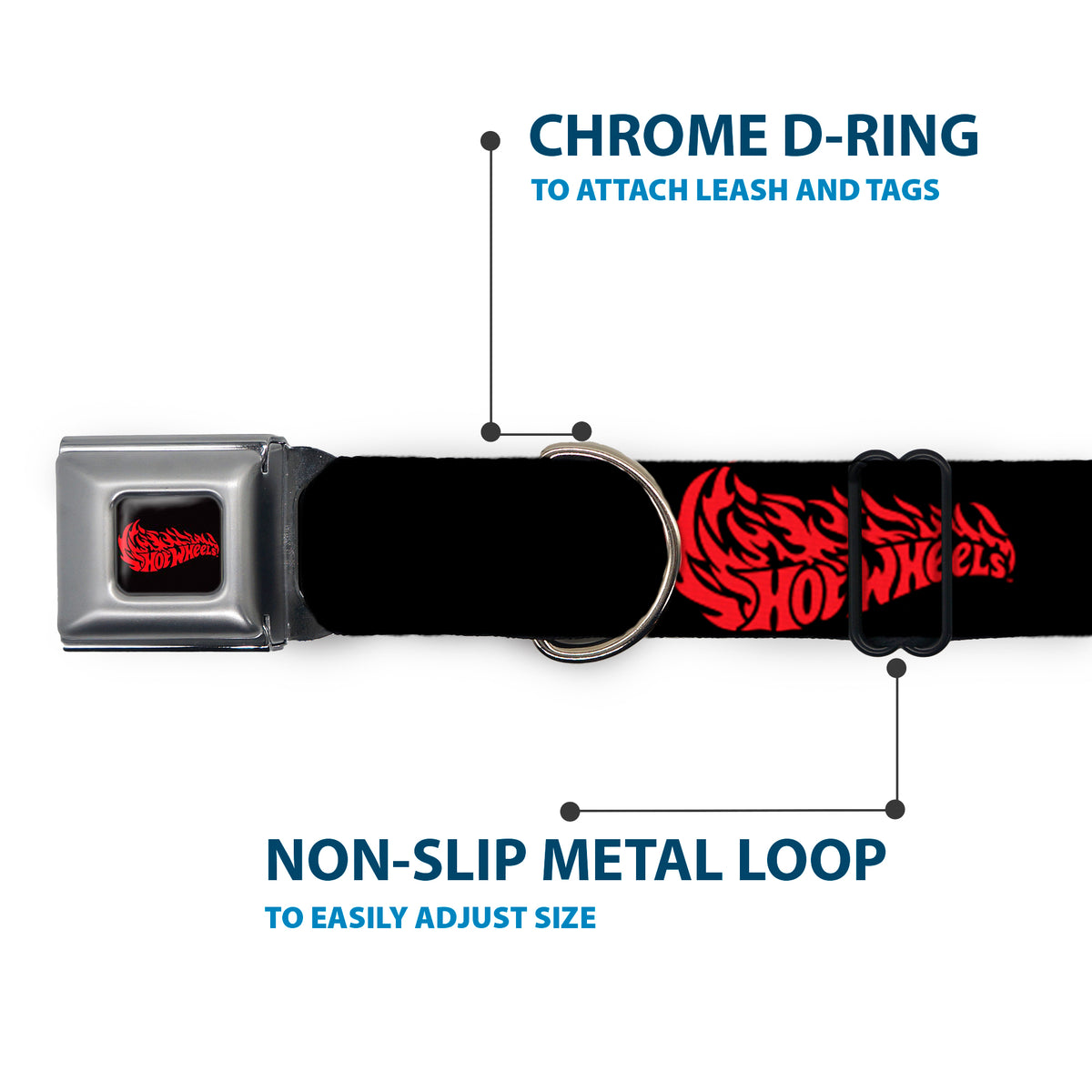HOT WHEELS Flaming Logo Full Color Black/Red Seatbelt Buckle Collar - HOT WHEELS Flaming Logo Black/Red Dog Collars Seatbelt Buckle Hot Wheels