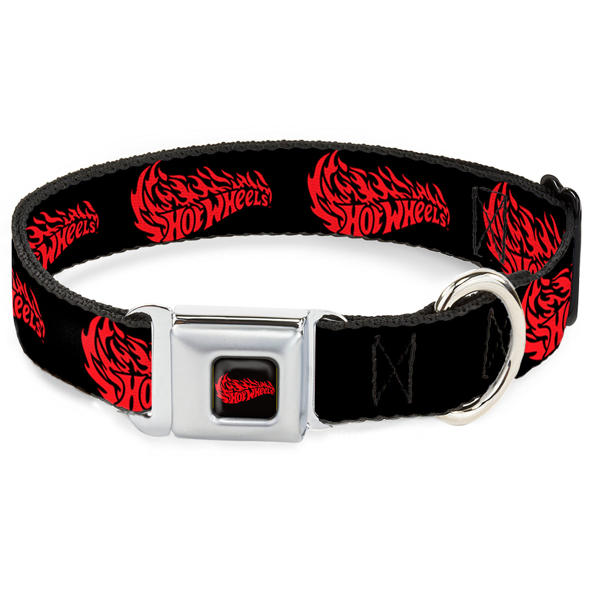 HOT WHEELS Flaming Logo Full Color Black/Red Seatbelt Buckle Collar - HOT WHEELS Flaming Logo Black/Red Dog Collars Seatbelt Buckle Hot Wheels