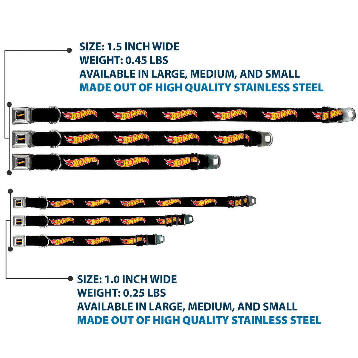 HOT WHEELS Classic Flame Logo Full Color Black/Red/Yellow Seatbelt Buckle Collar - HOT WHEELS Classic Flame Logo Black/Red/Yellow Dog Collars Seatbelt Buckle Hot Wheels