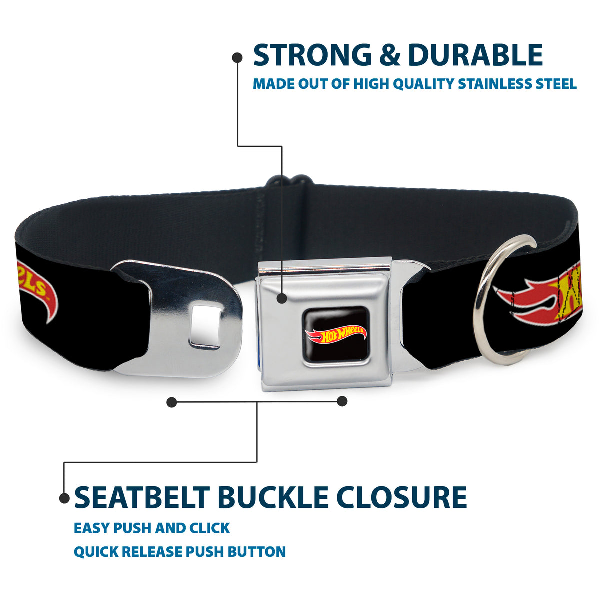 HOT WHEELS Classic Flame Logo Full Color Black/Red/Yellow Seatbelt Buckle Collar - HOT WHEELS Classic Flame Logo Black/Red/Yellow Dog Collars Seatbelt Buckle Hot Wheels