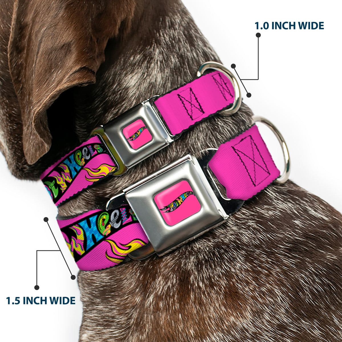 HOT WHEELS Classic Flame Logo Full Color Pink/Black/Multi Color Seatbelt Buckle Collar - HOT WHEELS Logo and Parts Collage Pink/Black/Multi Color Dog Collars Seatbelt Buckle Hot Wheels