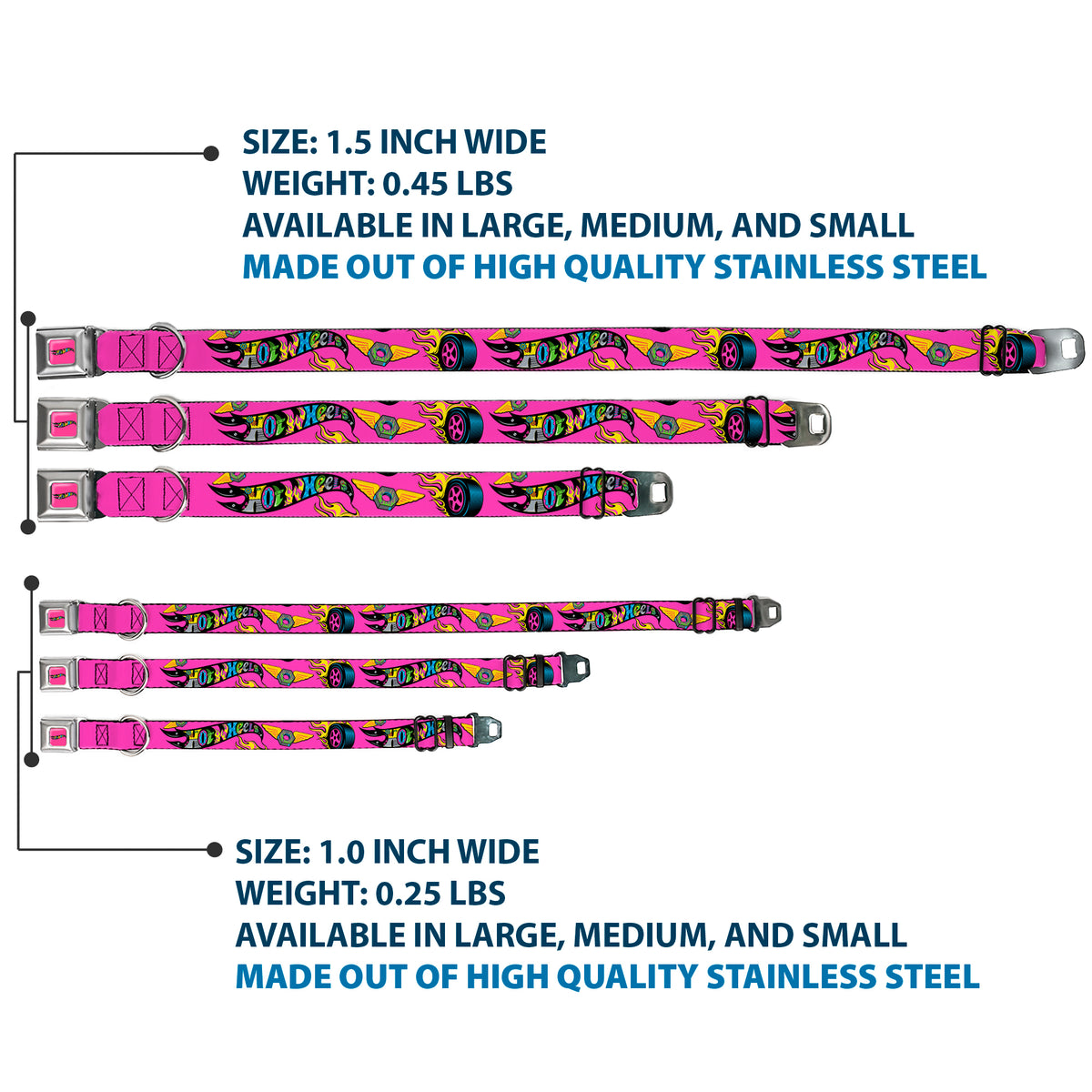 HOT WHEELS Classic Flame Logo Full Color Pink/Black/Multi Color Seatbelt Buckle Collar - HOT WHEELS Logo and Parts Collage Pink/Black/Multi Color Dog Collars Seatbelt Buckle Hot Wheels