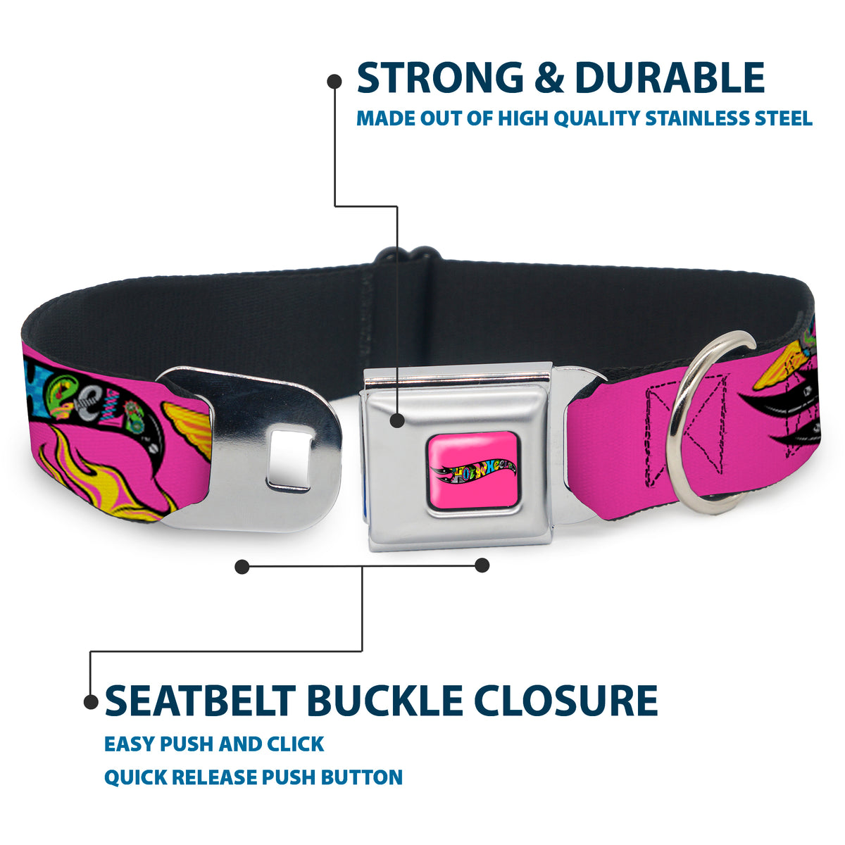 HOT WHEELS Classic Flame Logo Full Color Pink/Black/Multi Color Seatbelt Buckle Collar - HOT WHEELS Logo and Parts Collage Pink/Black/Multi Color Dog Collars Seatbelt Buckle Hot Wheels