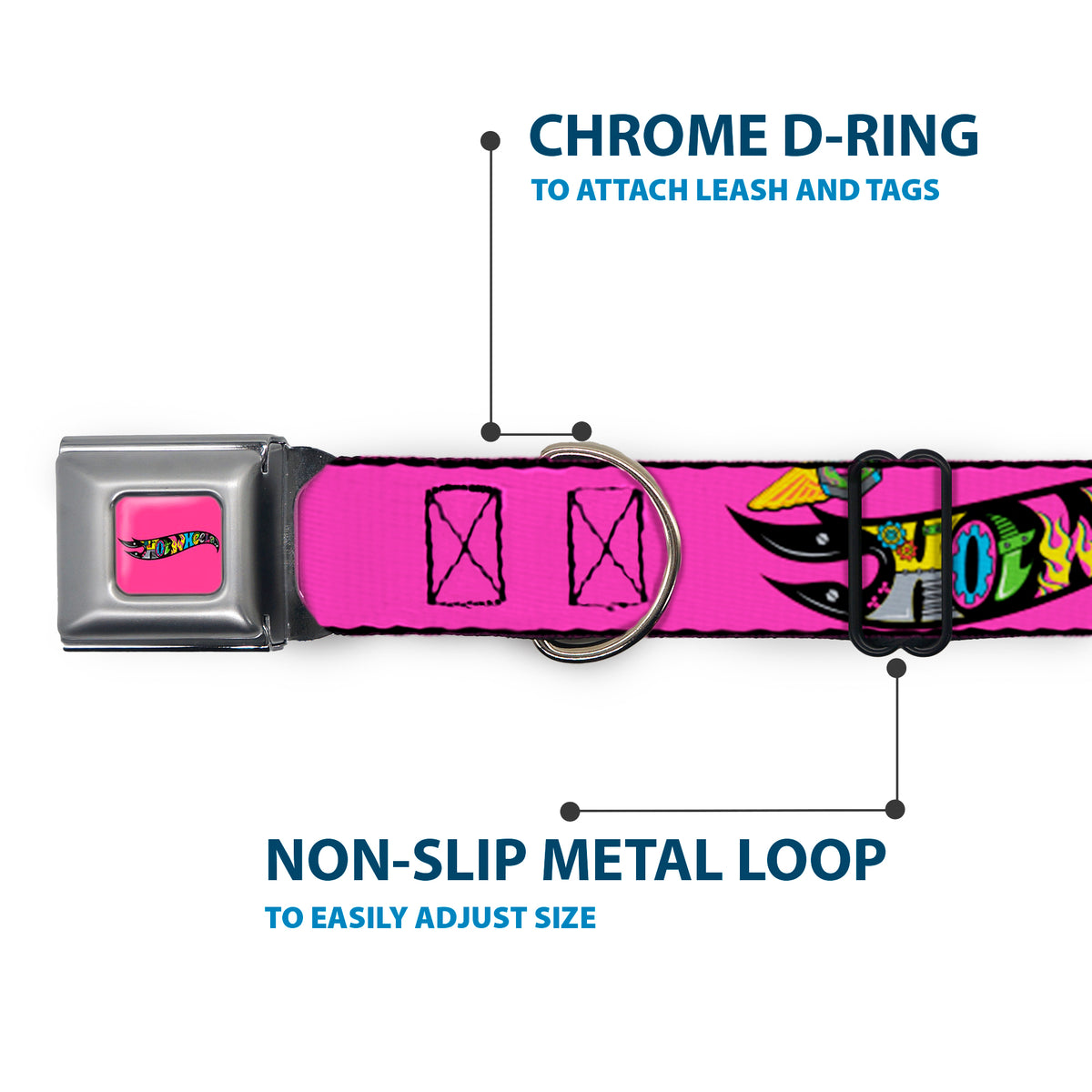 HOT WHEELS Classic Flame Logo Full Color Pink/Black/Multi Color Seatbelt Buckle Collar - HOT WHEELS Logo and Parts Collage Pink/Black/Multi Color Dog Collars Seatbelt Buckle Hot Wheels