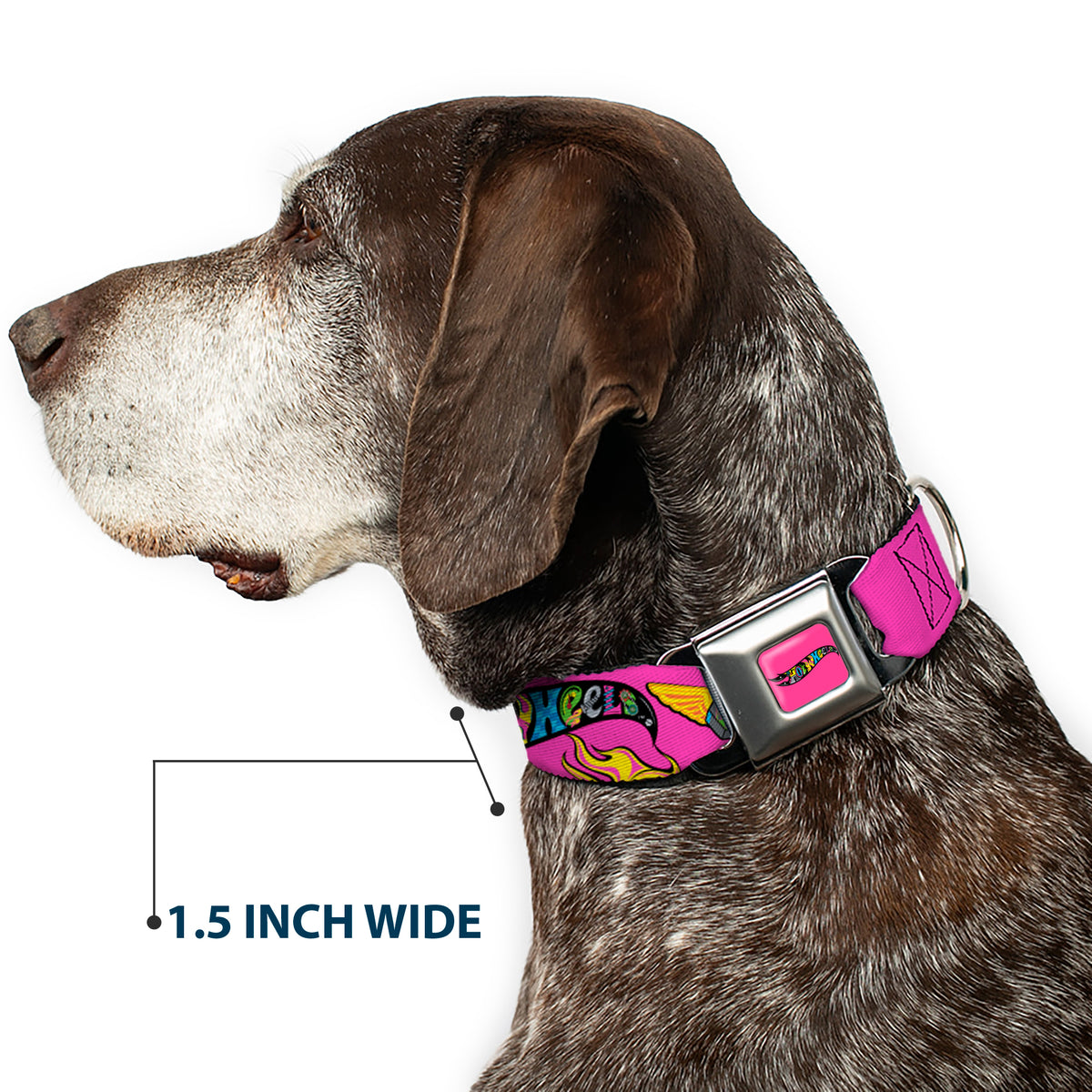 HOT WHEELS Classic Flame Logo Full Color Pink/Black/Multi Color Seatbelt Buckle Collar - HOT WHEELS Logo and Parts Collage Pink/Black/Multi Color Dog Collars Seatbelt Buckle Hot Wheels