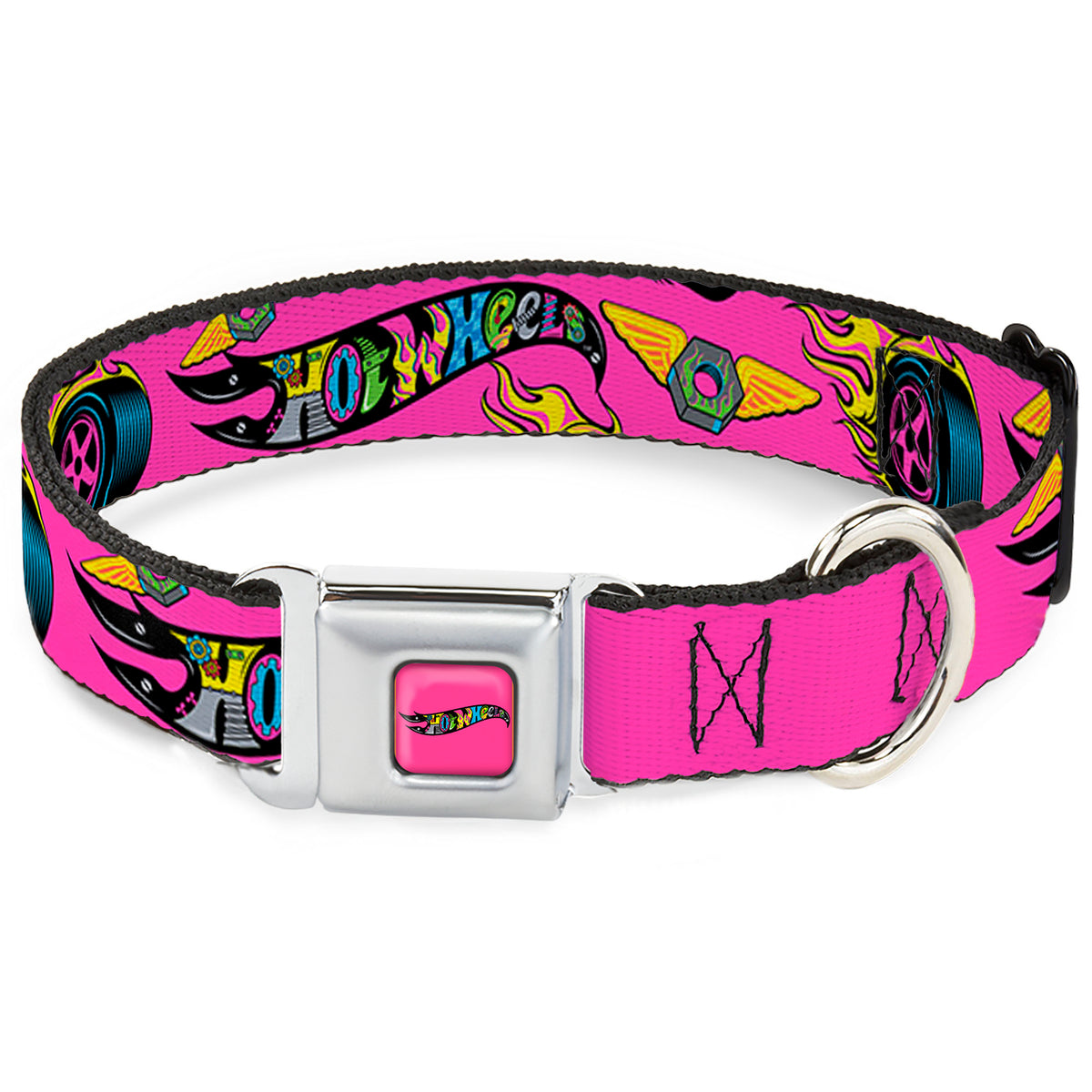 HOT WHEELS Classic Flame Logo Full Color Pink/Black/Multi Color Seatbelt Buckle Collar - HOT WHEELS Logo and Parts Collage Pink/Black/Multi Color Dog Collars Seatbelt Buckle Hot Wheels