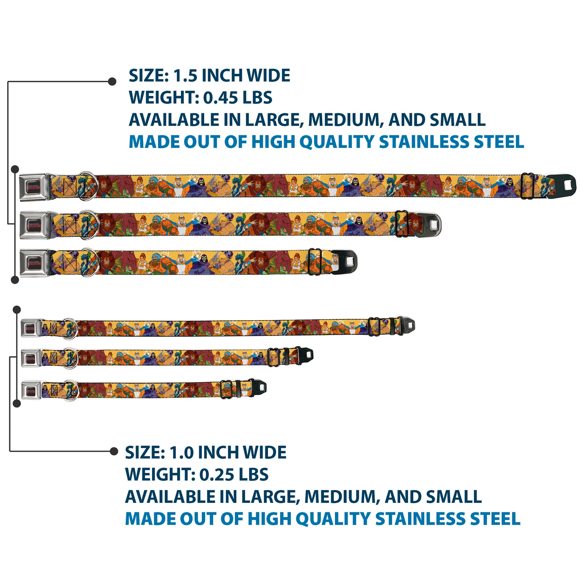 MASTERS OF THE UNIVERSE REVELATION Title Logo Full Color Black Seatbelt Buckle Collar - MOTU Revelation Eight Character Group Pose Yellow Seatbelt Buckle Collars Masters of the Universe