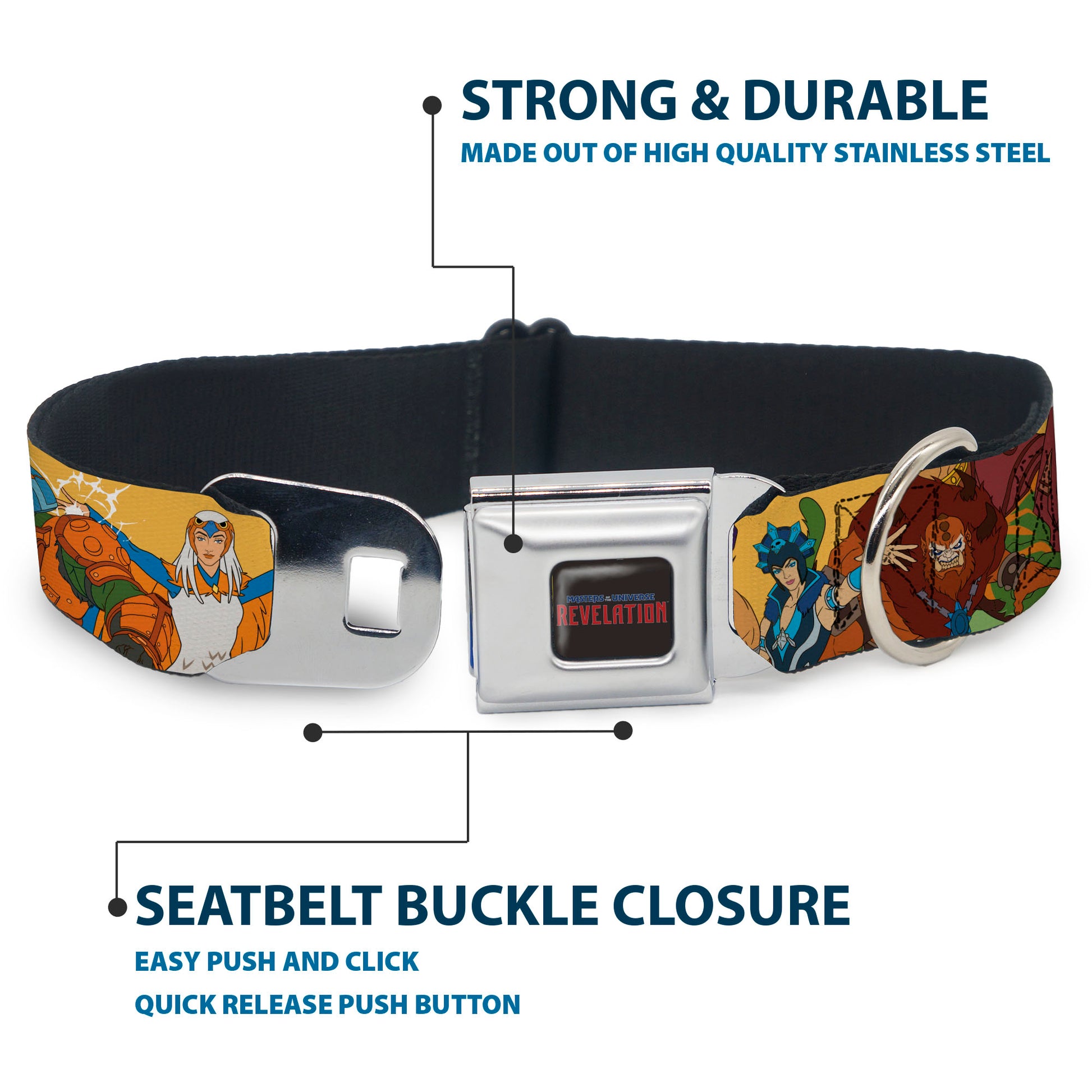 MASTERS OF THE UNIVERSE REVELATION Title Logo Full Color Black Seatbelt Buckle Collar - MOTU Revelation Eight Character Group Pose Yellow Seatbelt Buckle Collars Masters of the Universe
