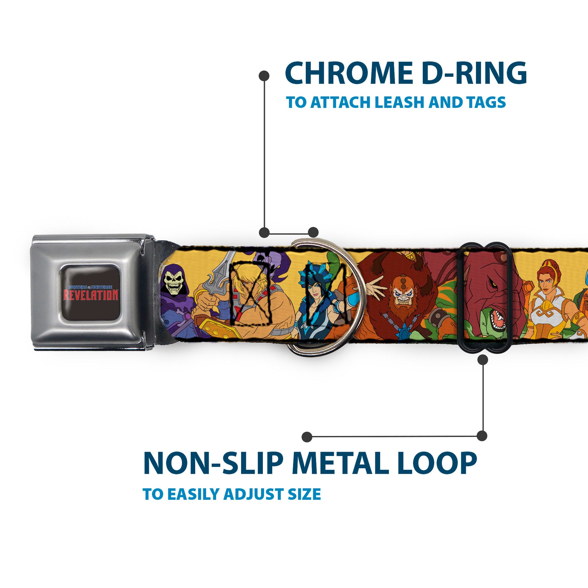 MASTERS OF THE UNIVERSE REVELATION Title Logo Full Color Black Seatbelt Buckle Collar - MOTU Revelation Eight Character Group Pose Yellow Seatbelt Buckle Collars Masters of the Universe