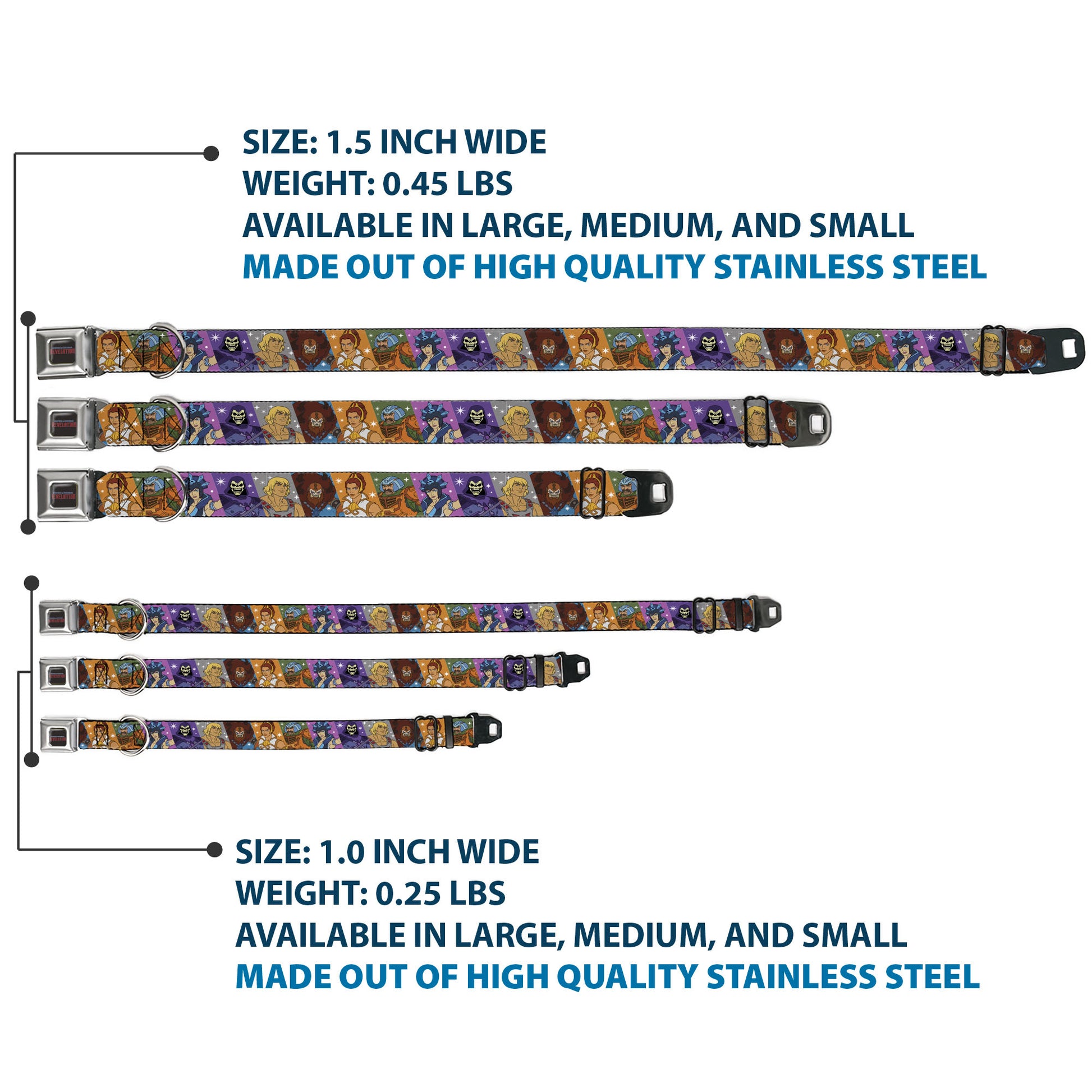 MASTERS OF THE UNIVERSE REVELATION Title Logo Full Color Black Seatbelt Buckle Collar - Masters of the Universe Character Block Stripe Poses Multi Color Seatbelt Buckle Collars Masters of the Universe