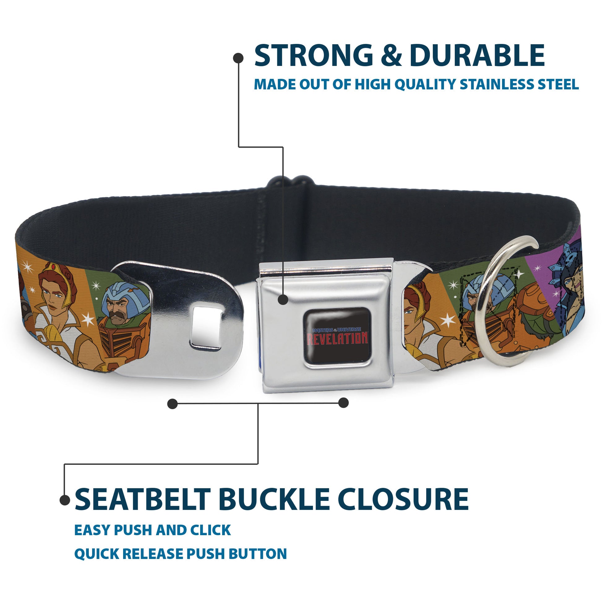 MASTERS OF THE UNIVERSE REVELATION Title Logo Full Color Black Seatbelt Buckle Collar - Masters of the Universe Character Block Stripe Poses Multi Color Seatbelt Buckle Collars Masters of the Universe