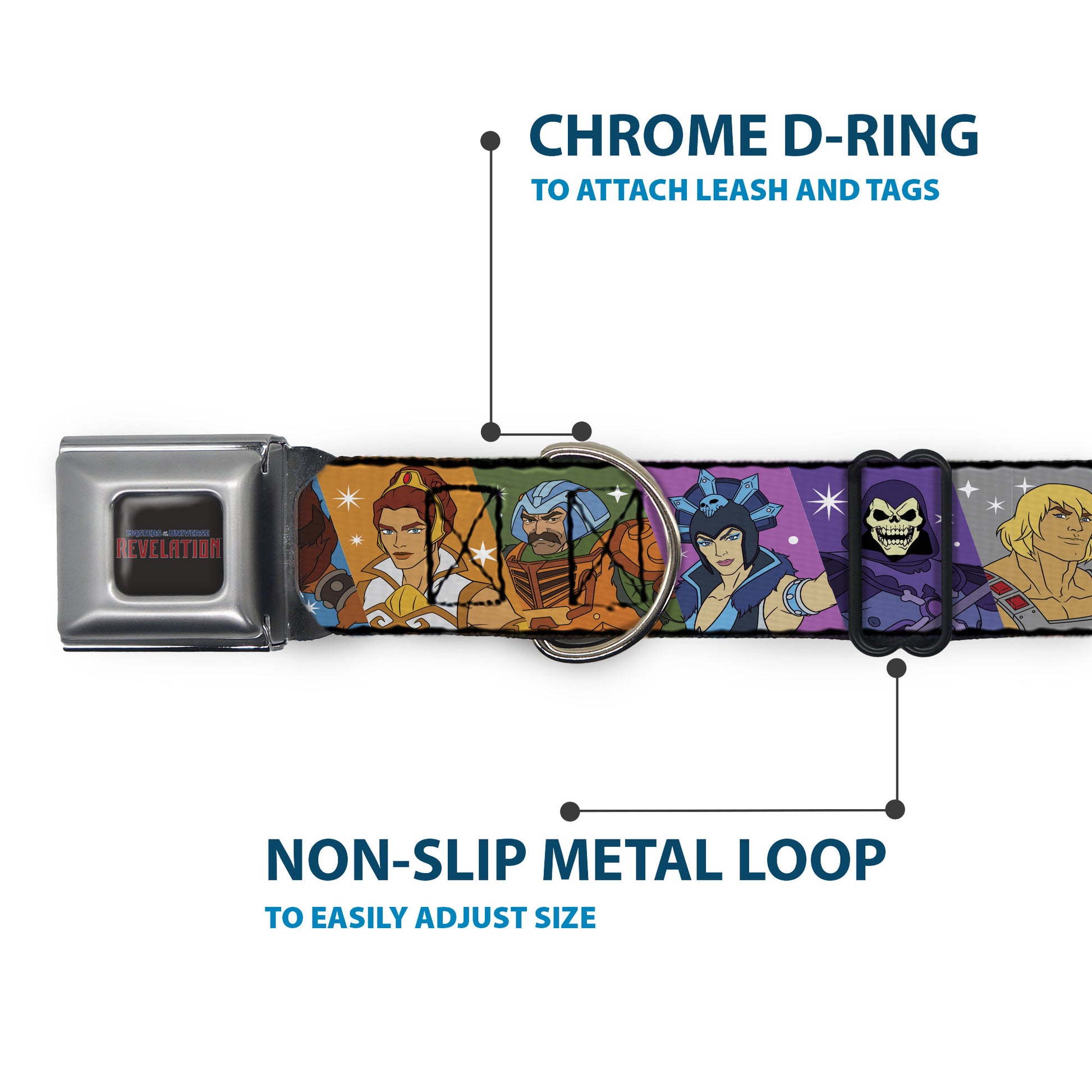 MASTERS OF THE UNIVERSE REVELATION Title Logo Full Color Black Seatbelt Buckle Collar - Masters of the Universe Character Block Stripe Poses Multi Color Seatbelt Buckle Collars Masters of the Universe