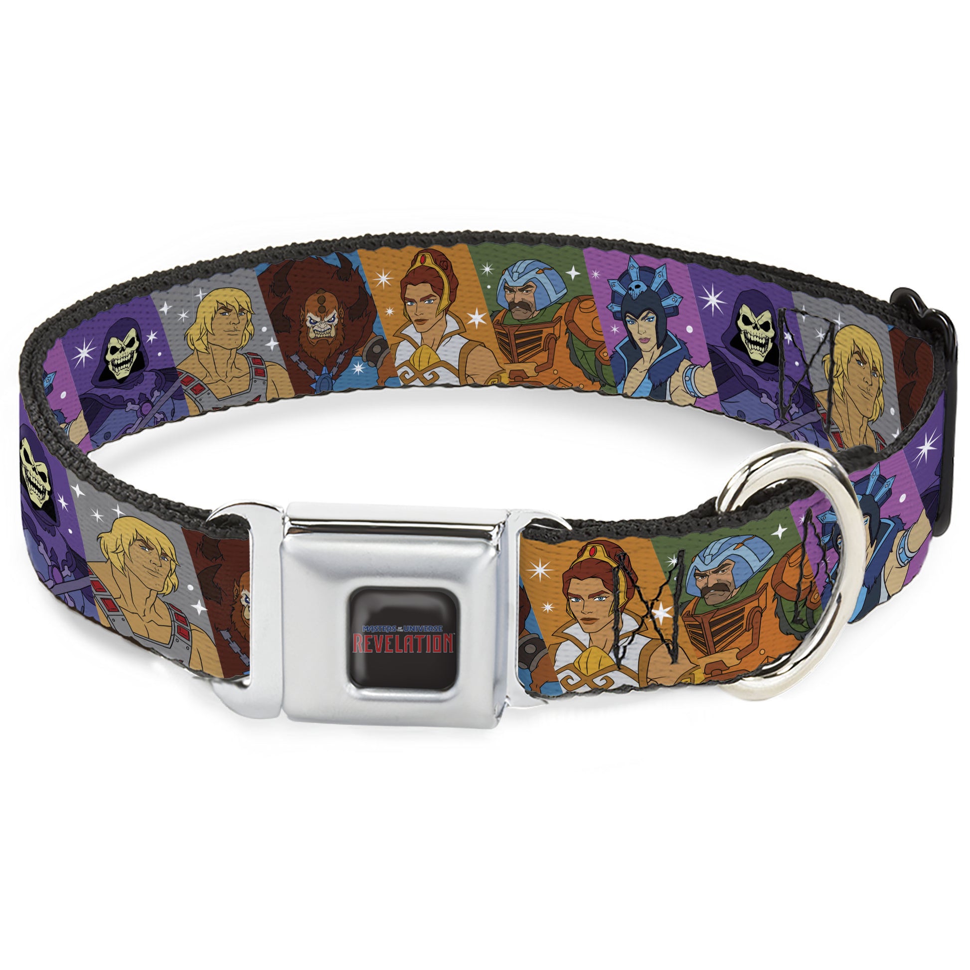 MASTERS OF THE UNIVERSE REVELATION Title Logo Full Color Black Seatbelt Buckle Collar - Masters of the Universe Character Block Stripe Poses Multi Color Seatbelt Buckle Collars Masters of the Universe