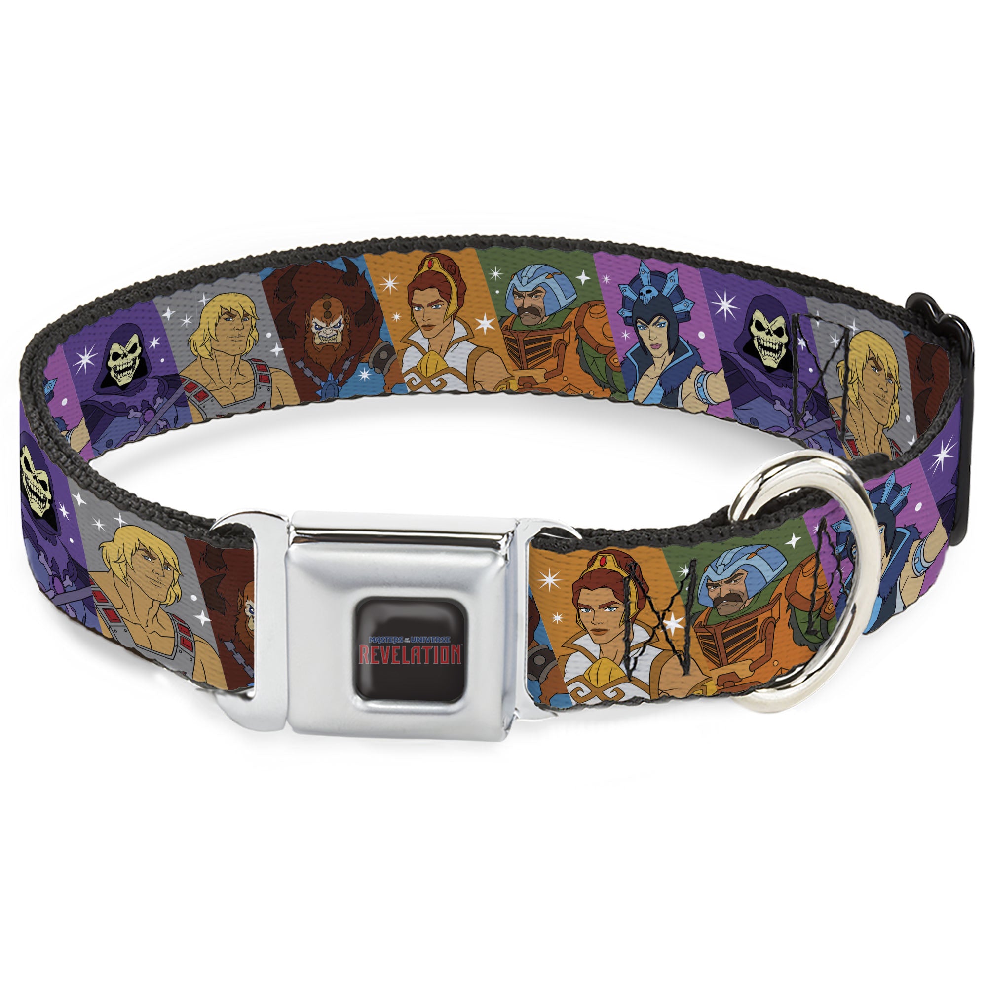 MASTERS OF THE UNIVERSE REVELATION Title Logo Full Color Black Seatbelt Buckle Collar - Masters of the Universe Character Block Stripe Poses Multi Color Seatbelt Buckle Collars Masters of the Universe