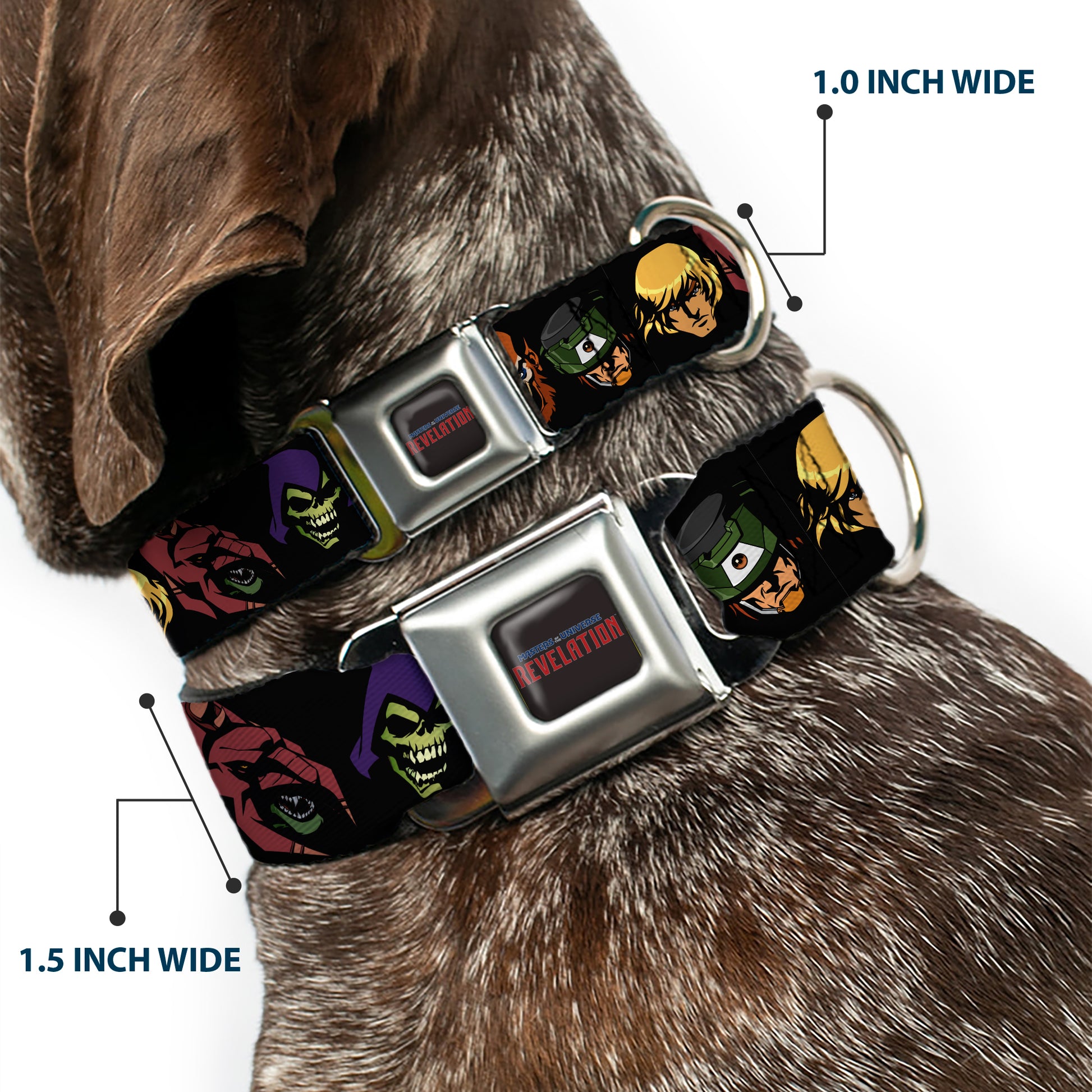 MASTERS OF THE UNIVERSE REVELATION Title Logo Full Color Black Seatbelt Buckle Collar - Masters of the Universe Eleven Character Faces Black Seatbelt Buckle Collars Masters of the Universe