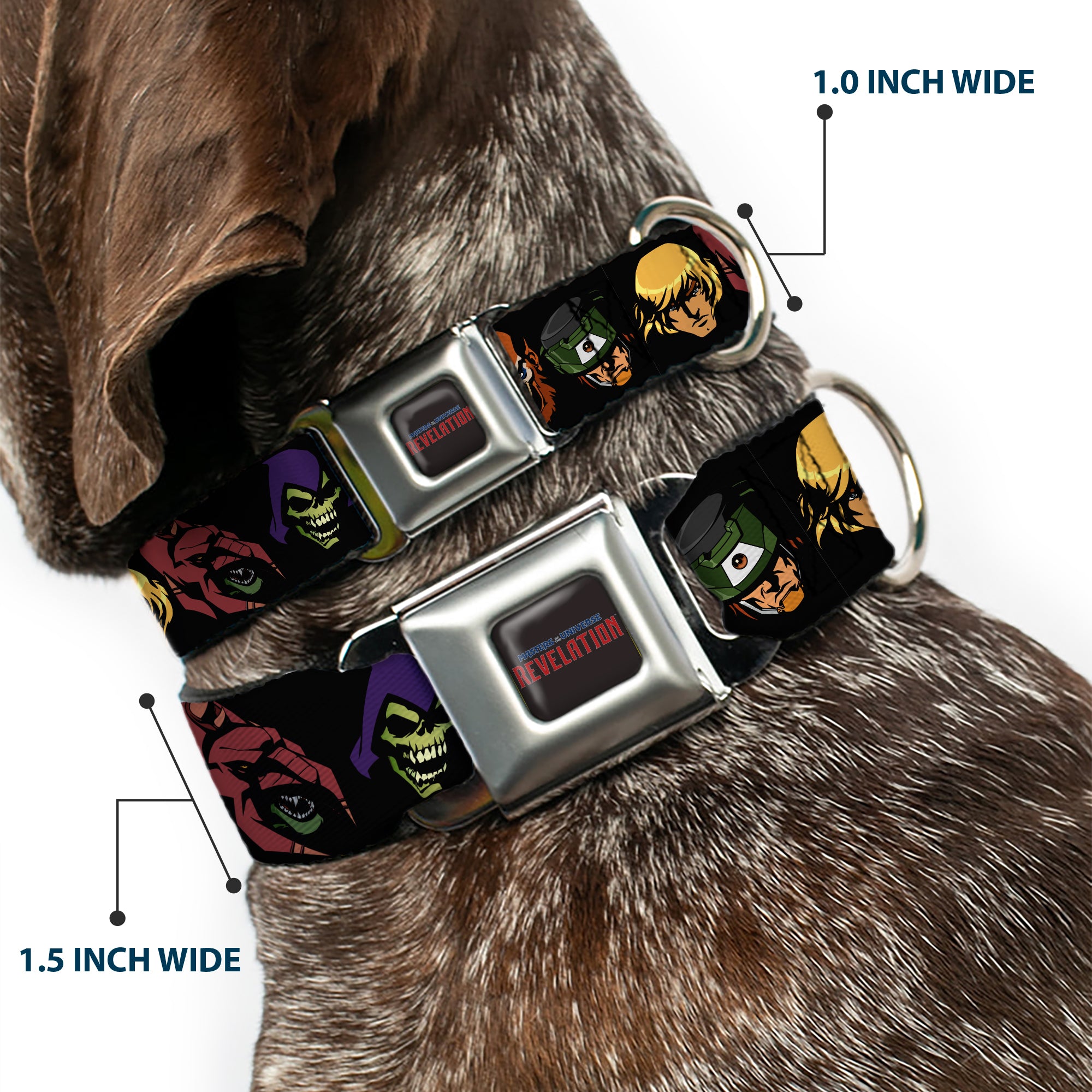 MASTERS OF THE UNIVERSE REVELATION Title Logo Full Color Black Seatbelt Buckle Collar - Masters of the Universe Eleven Character Faces Black Seatbelt Buckle Collars Masters of the Universe