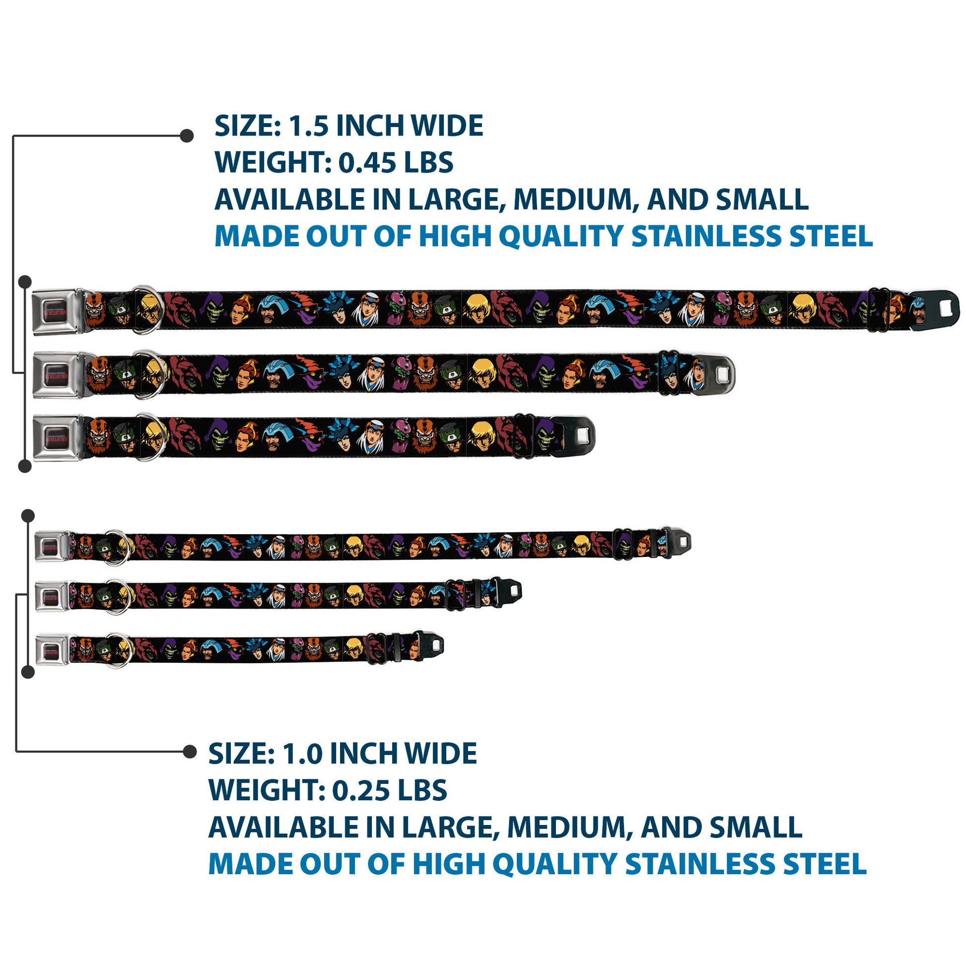 MASTERS OF THE UNIVERSE REVELATION Title Logo Full Color Black Seatbelt Buckle Collar - Masters of the Universe Eleven Character Faces Black Seatbelt Buckle Collars Masters of the Universe