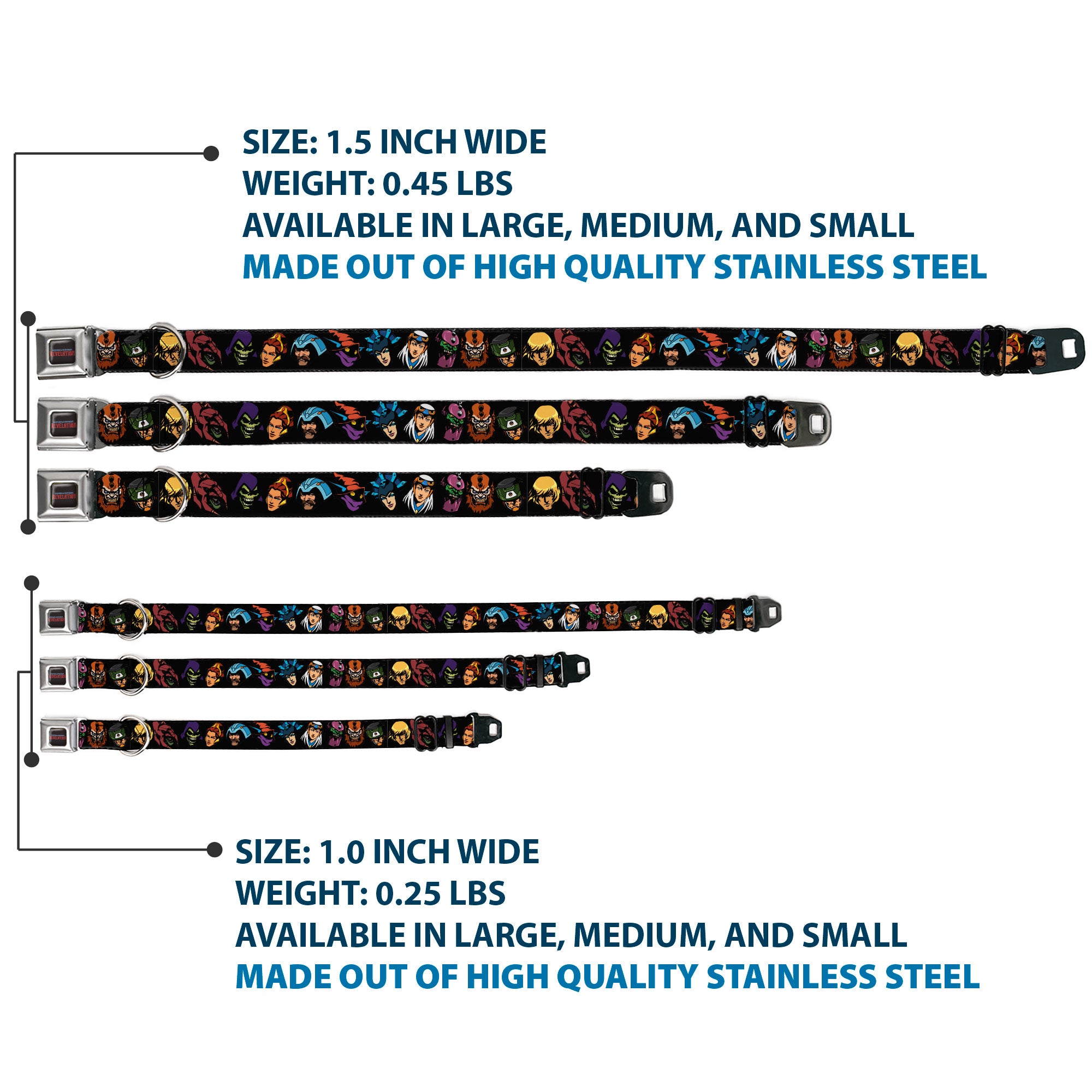 MASTERS OF THE UNIVERSE REVELATION Title Logo Full Color Black Seatbelt Buckle Collar - Masters of the Universe Eleven Character Faces Black Seatbelt Buckle Collars Masters of the Universe
