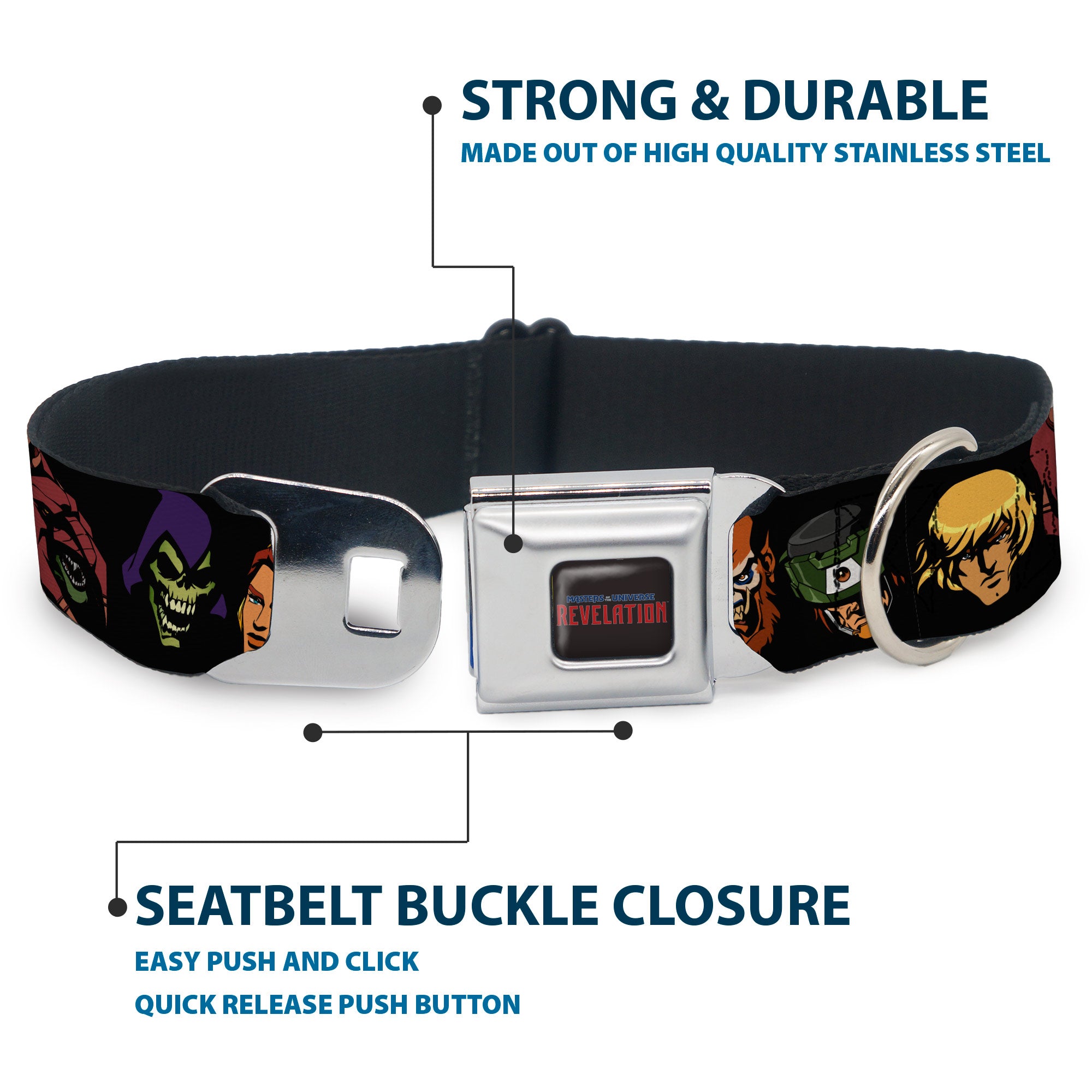 MASTERS OF THE UNIVERSE REVELATION Title Logo Full Color Black Seatbelt Buckle Collar - Masters of the Universe Eleven Character Faces Black Seatbelt Buckle Collars Masters of the Universe