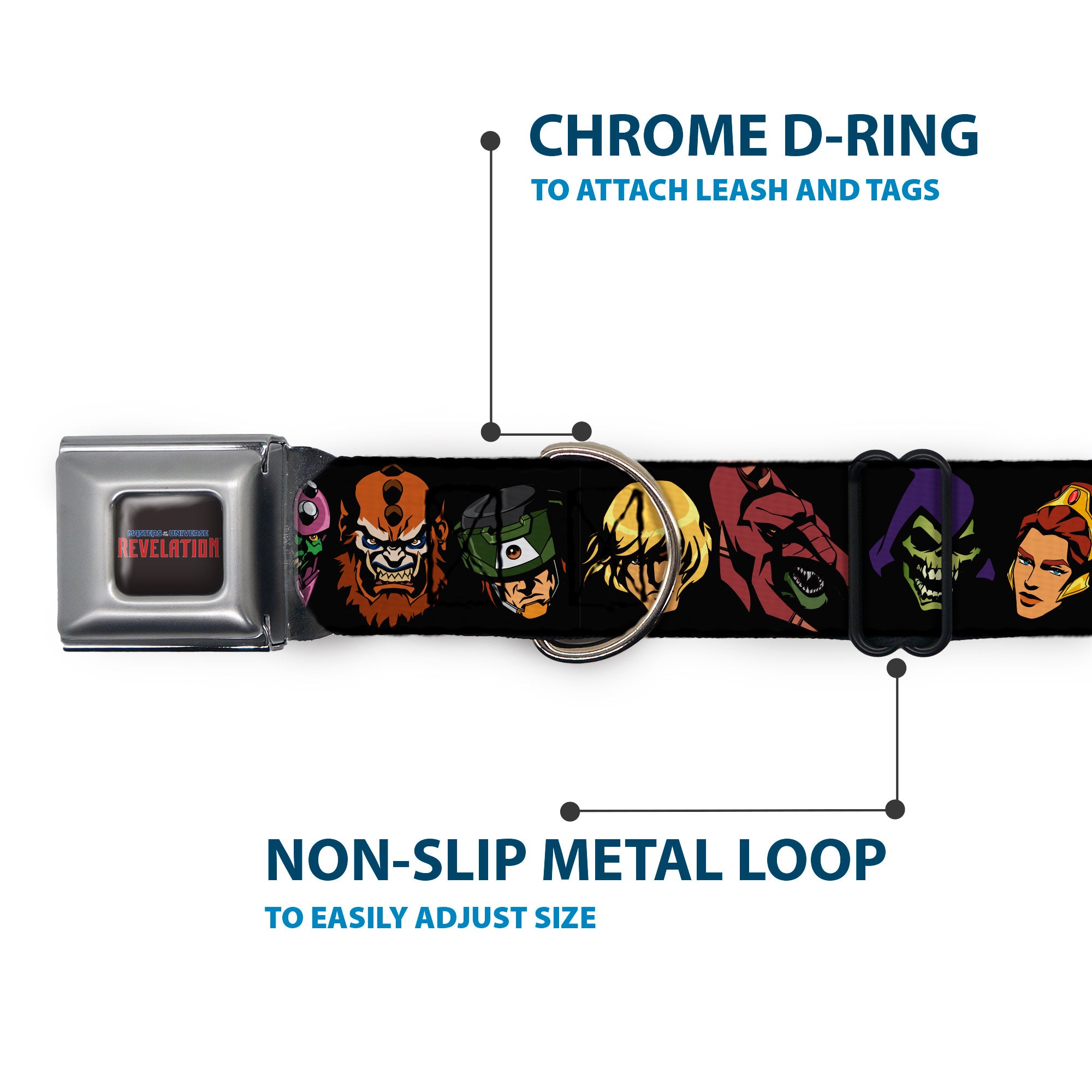 MASTERS OF THE UNIVERSE REVELATION Title Logo Full Color Black Seatbelt Buckle Collar - Masters of the Universe Eleven Character Faces Black Seatbelt Buckle Collars Masters of the Universe