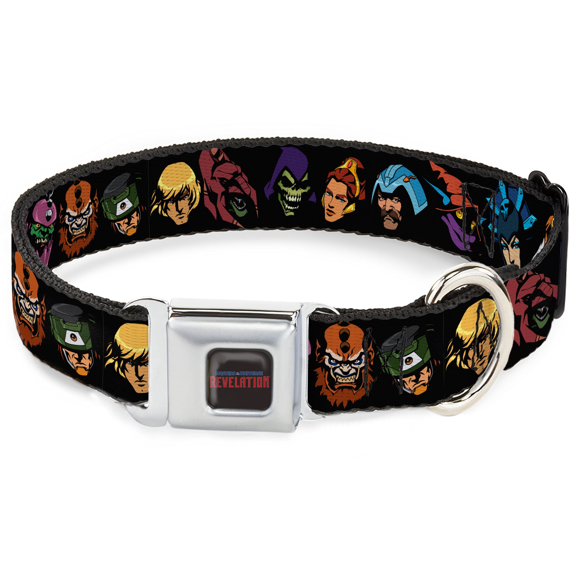 MASTERS OF THE UNIVERSE REVELATION Title Logo Full Color Black Seatbelt Buckle Collar - Masters of the Universe Eleven Character Faces Black Seatbelt Buckle Collars Masters of the Universe