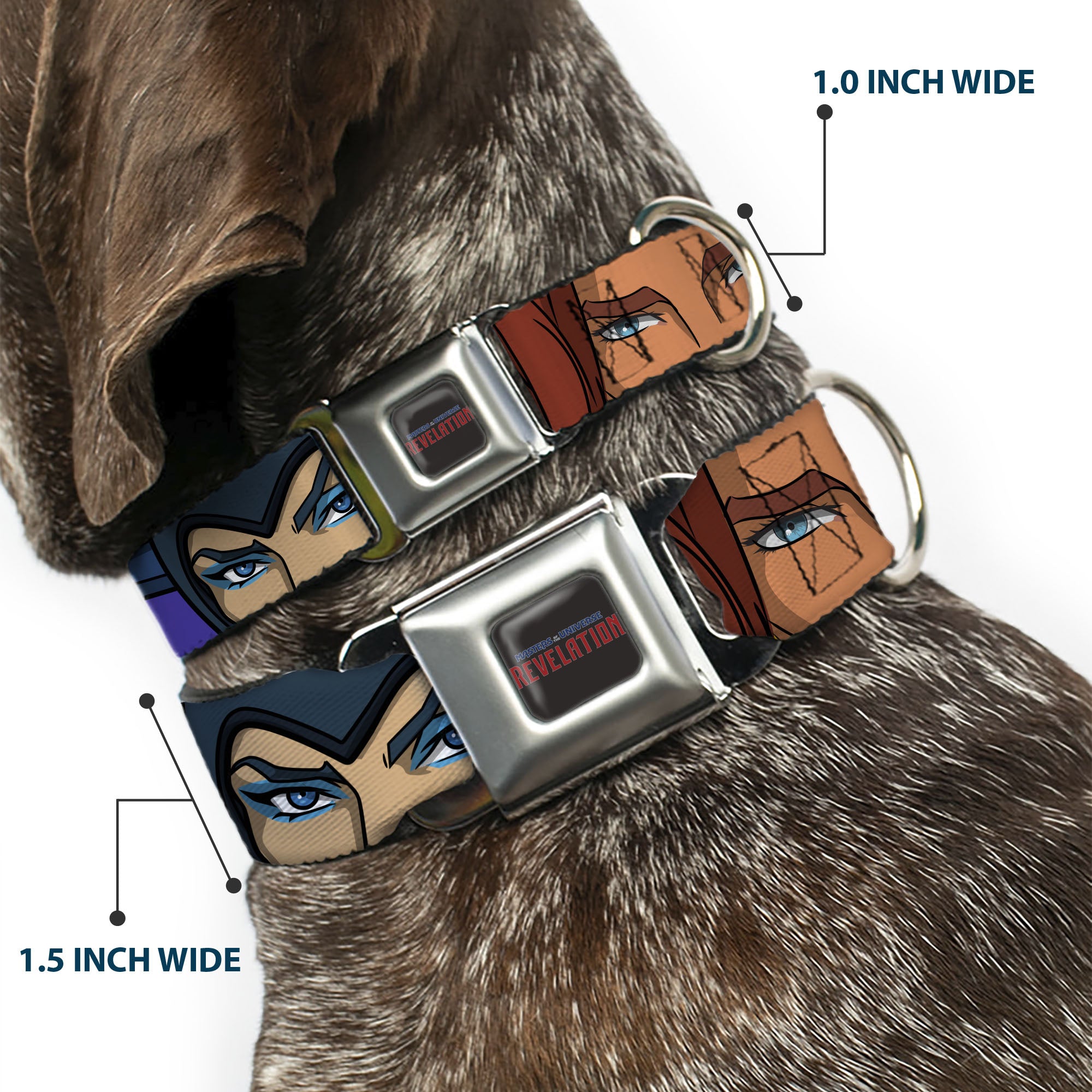 MASTERS OF THE UNIVERSE REVELATION Title Logo Full Color Black Seatbelt Buckle Collar - Masters of the Universe Revelation Character Close-Up Blocks Seatbelt Buckle Collars Masters of the Universe