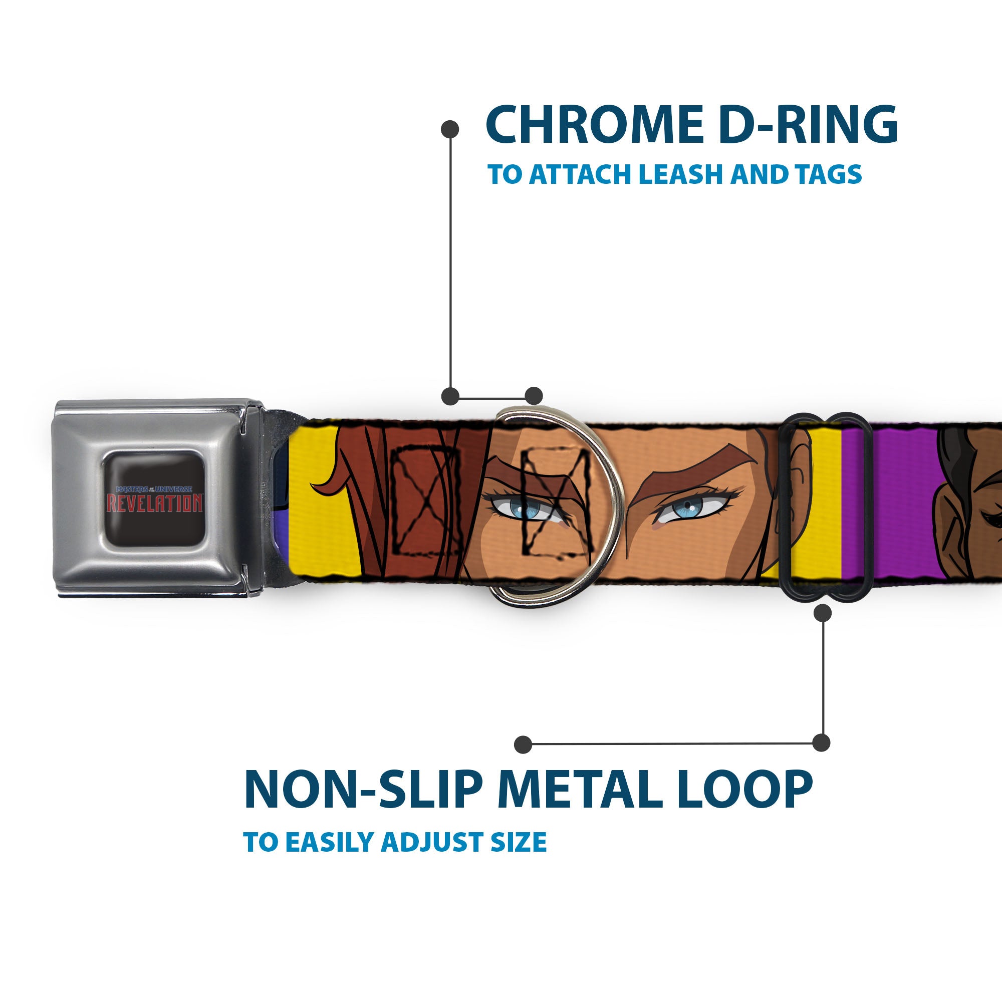 MASTERS OF THE UNIVERSE REVELATION Title Logo Full Color Black Seatbelt Buckle Collar - Masters of the Universe Revelation Character Close-Up Blocks Seatbelt Buckle Collars Masters of the Universe