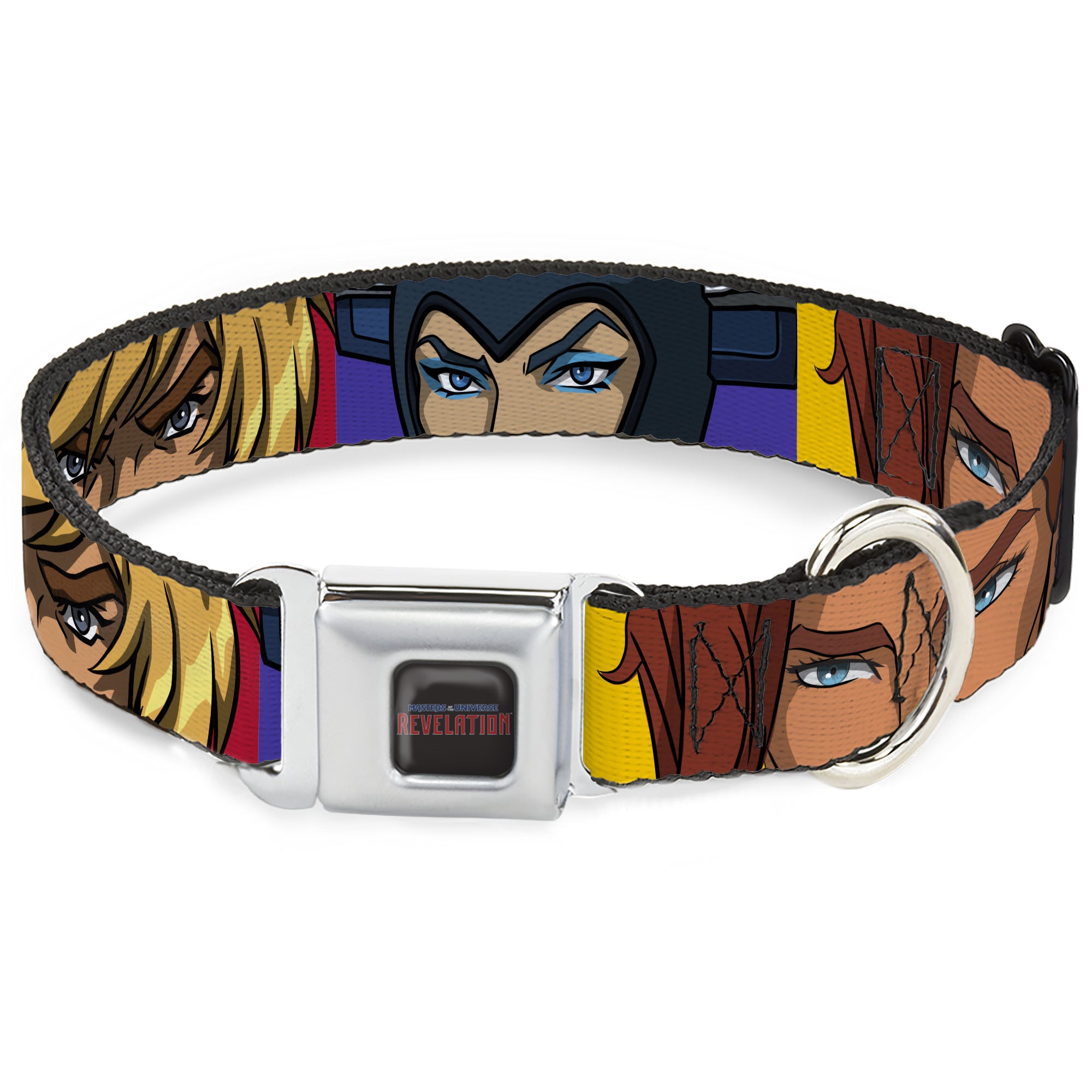 MASTERS OF THE UNIVERSE REVELATION Title Logo Full Color Black Seatbelt Buckle Collar - Masters of the Universe Revelation Character Close-Up Blocks Seatbelt Buckle Collars Masters of the Universe