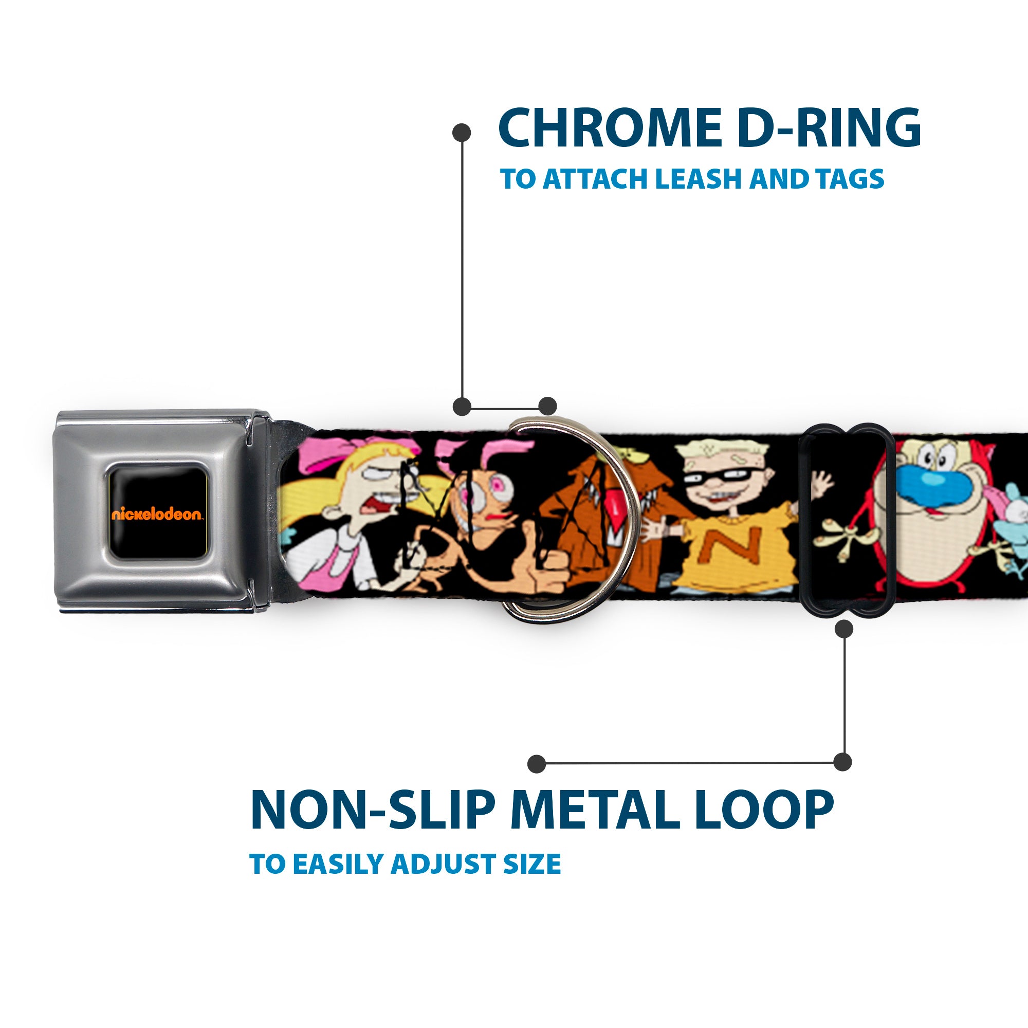 NICKELODEON Logo Full Color Black/Orange Seatbelt Buckle Collar - Nick 90's 13-Character Poses Black Seatbelt Buckle Collars Nick 90s