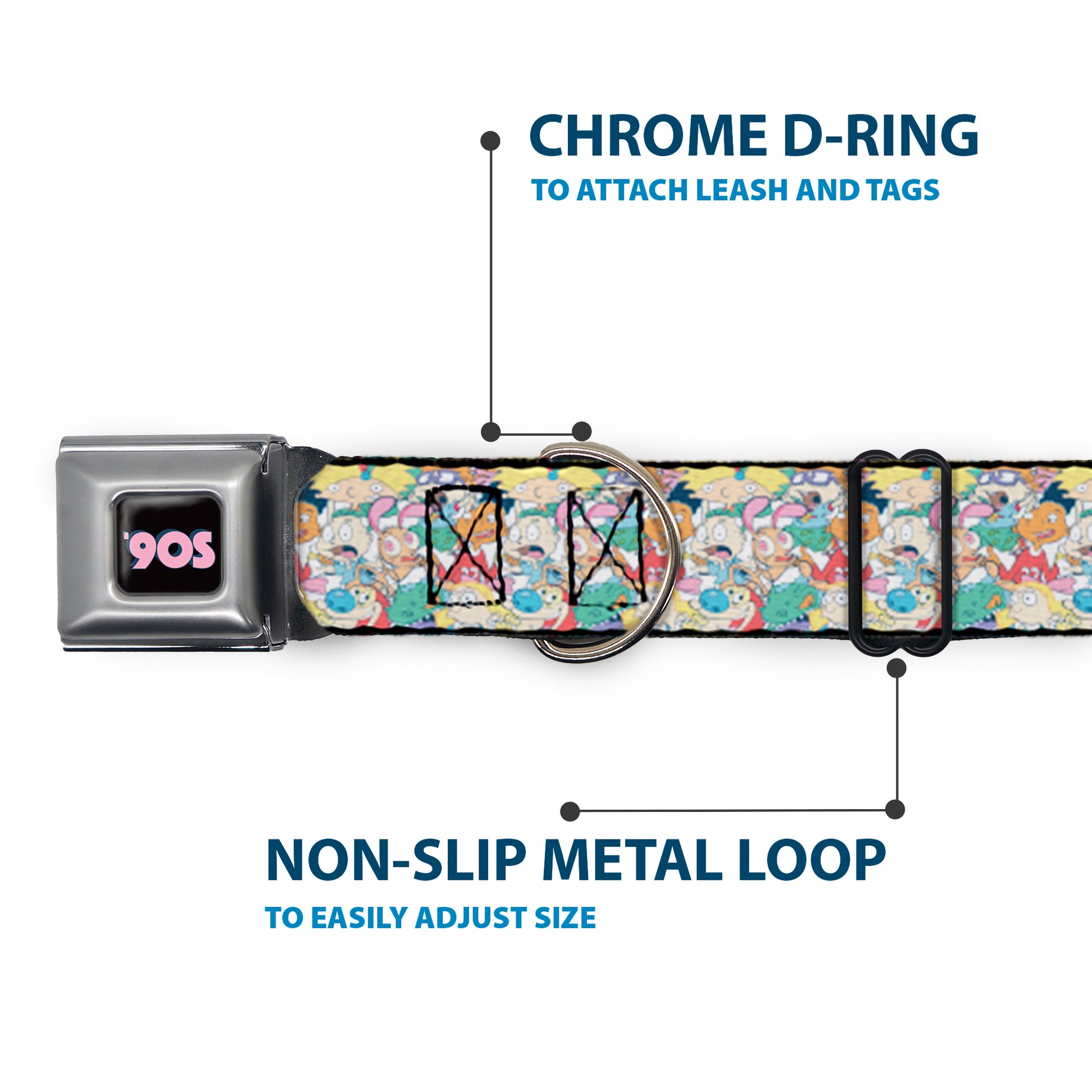 Nick 90'S Icon Black/Blue/Pink Seatbelt Buckle Collar - Nick 90's Rewind 8-Character Mash Up Collage White Seatbelt Buckle Collars Nick 90s