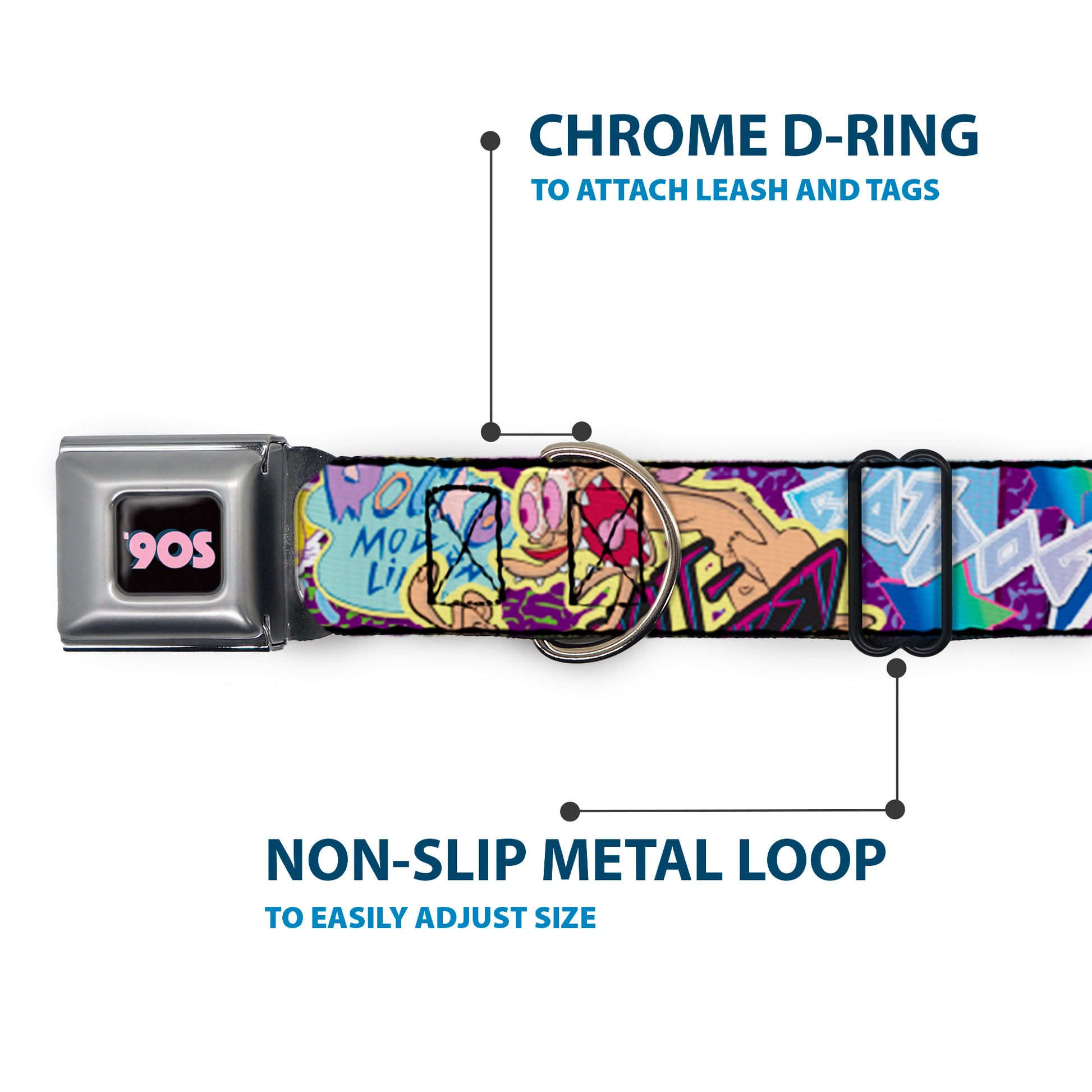 Nick 90'S Icon Black/Blue/Pink Seatbelt Buckle Collar - Nick 90's Rewind 7-Character/4-Logo Collage Seatbelt Buckle Collars Nick 90s