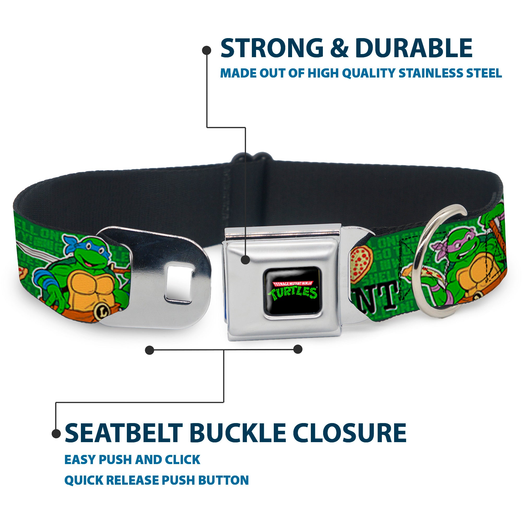 Classic TEENAGE MUTANT NINJA TURTLES Logo Seatbelt Buckle Collar - I "HEART" TMNT/Classic Turtles & Pizza Green Seatbelt Buckle Collars Teenage Mutant Ninja Turtles