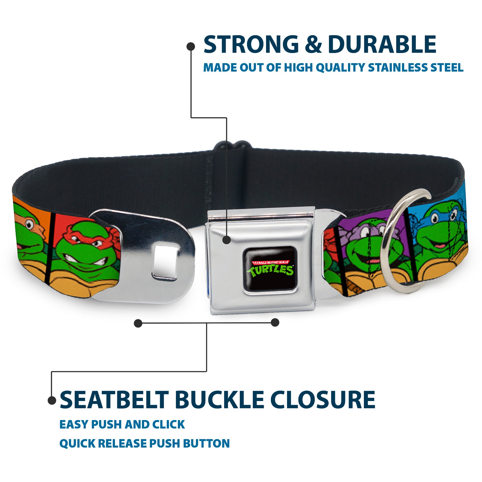 Classic TEENAGE MUTANT NINJA TURTLES Logo Seatbelt Buckle Collar - Classic Teenage Mutant Ninja Turtles Face Blocks Black/Multi Color Seatbelt Buckle Collars Teenage Mutant Ninja Turtles