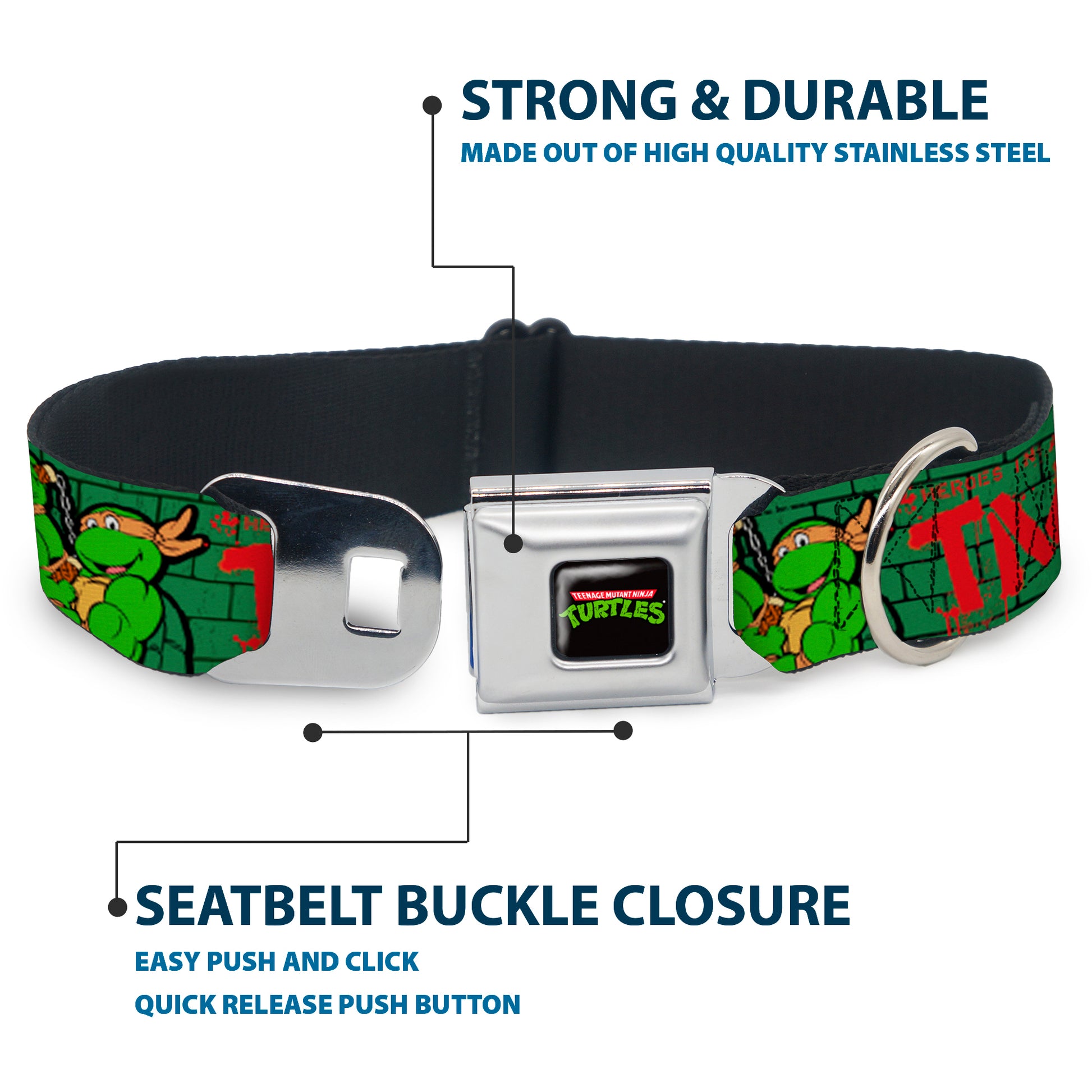 Classic TEENAGE MUTANT NINJA TURTLES Logo Seatbelt Buckle Collar - Classic Teenage Mutant Ninja Turtles Group Pose2/TMNT Green Brick Wall Seatbelt Buckle Collars Teenage Mutant Ninja Turtles