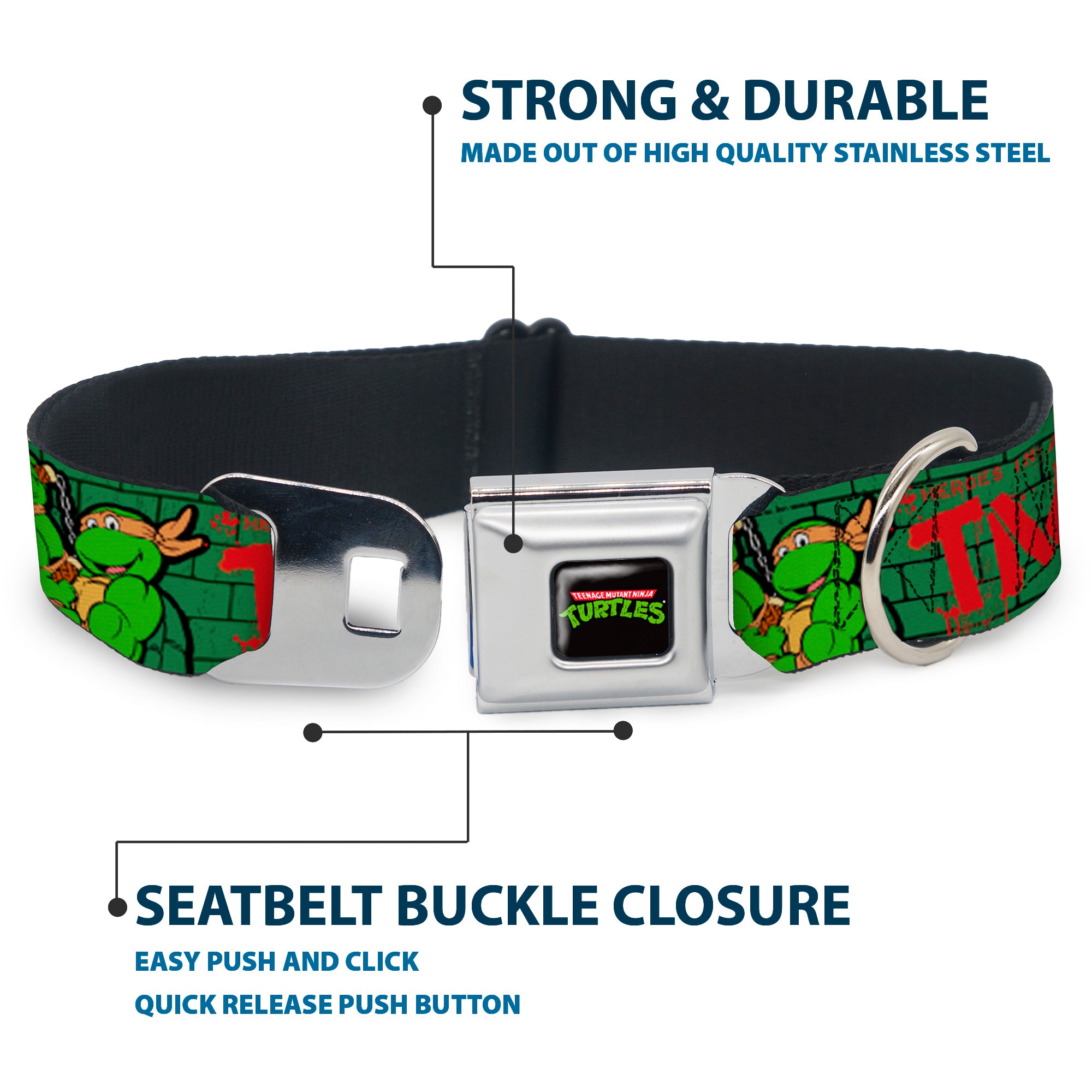 Classic TEENAGE MUTANT NINJA TURTLES Logo Seatbelt Buckle Collar - Classic Teenage Mutant Ninja Turtles Group Pose2/TMNT Green Brick Wall Seatbelt Buckle Collars Teenage Mutant Ninja Turtles